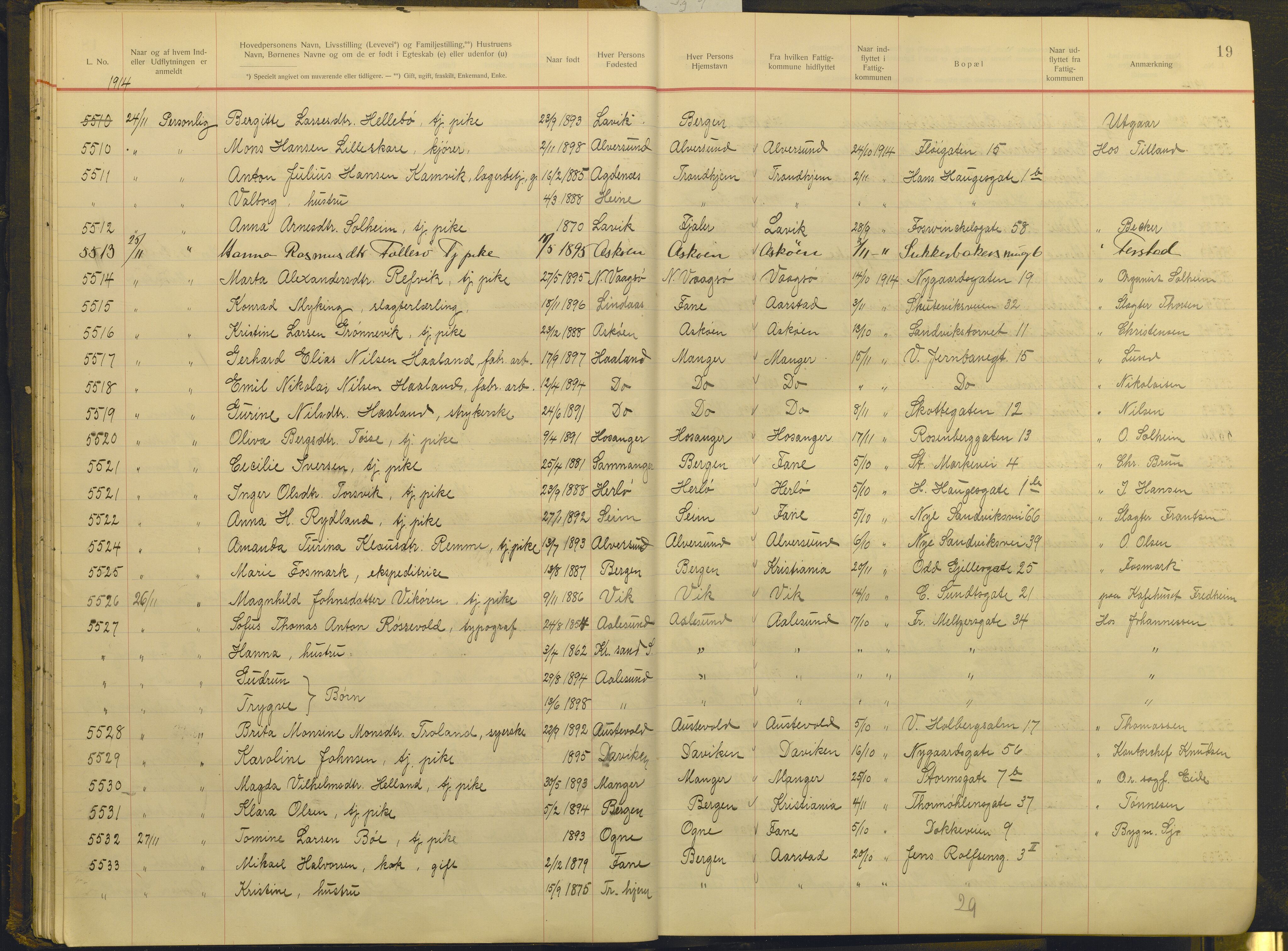 Bergen politikammer / politidistrikt, AV/SAB-A-60401/J.g/L0009: Protokoll over innflyttede, 1914-1917, s. 19