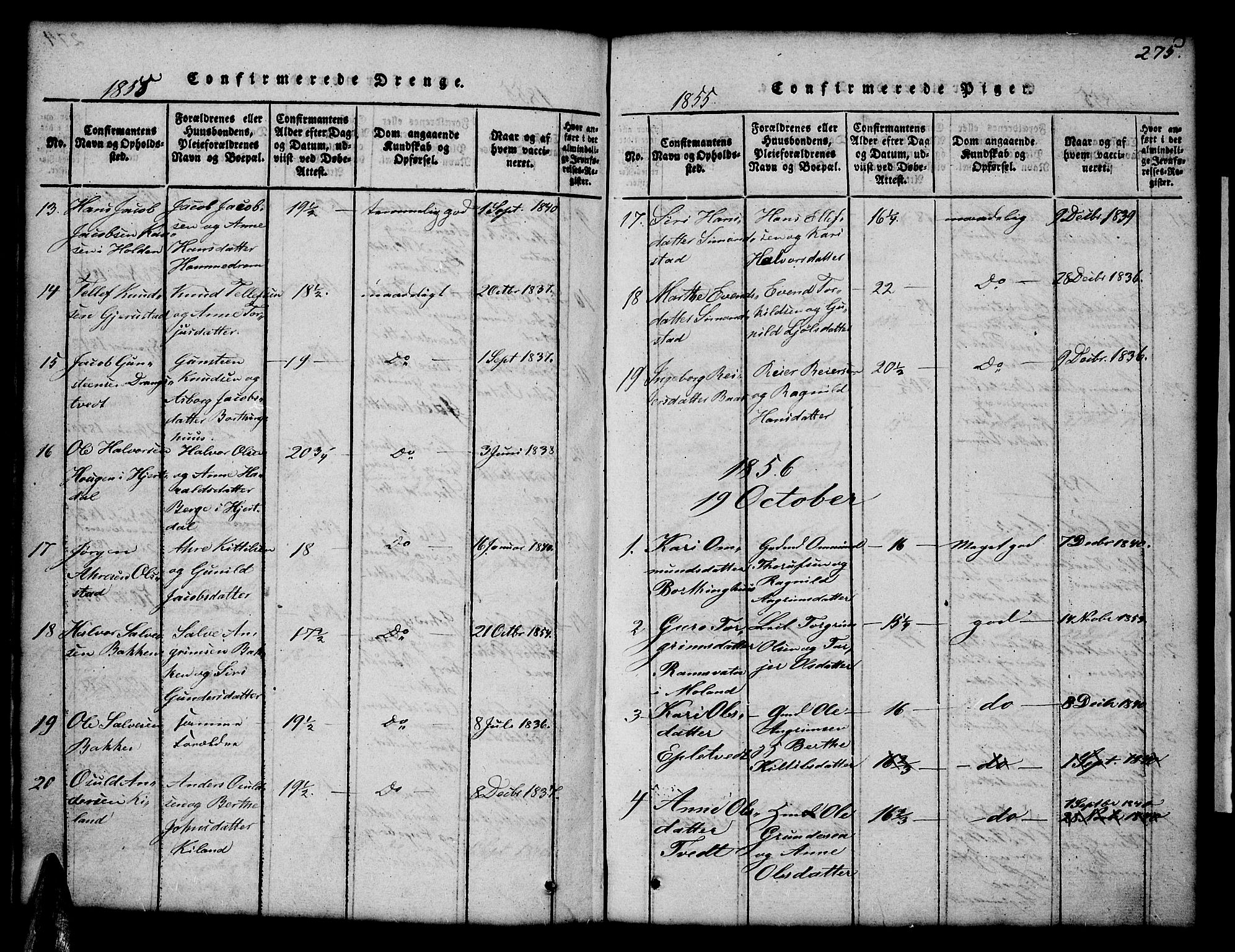 Åmli sokneprestkontor, SAK/1111-0050/F/Fb/Fbc/L0001: Klokkerbok nr. B 1, 1816-1867, s. 275