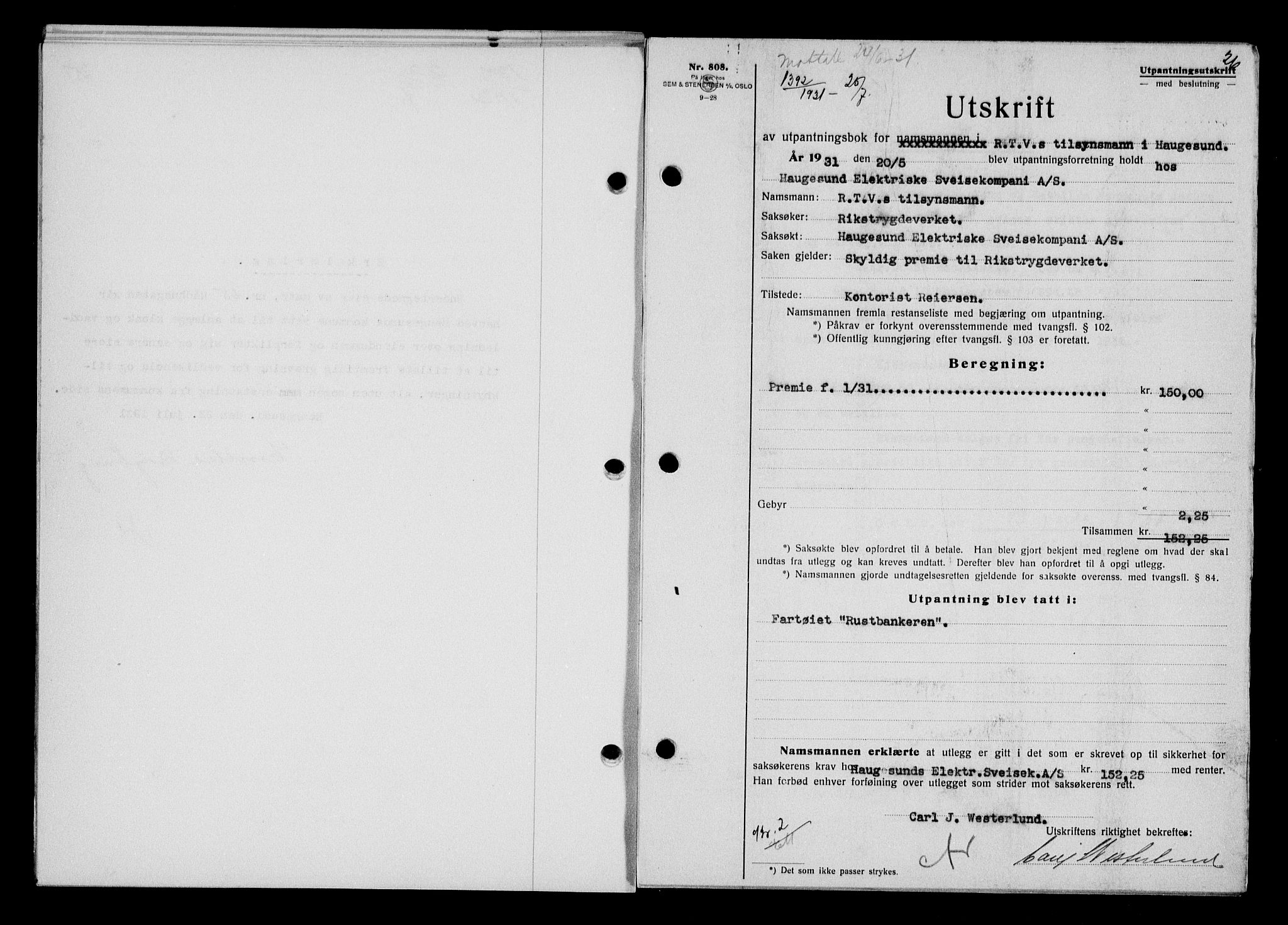 Haugesund tingrett, SAST/A-101415/01/II/IIC/L0024: Pantebok nr. 24, 1931-1932, Tingl.dato: 25.07.1931