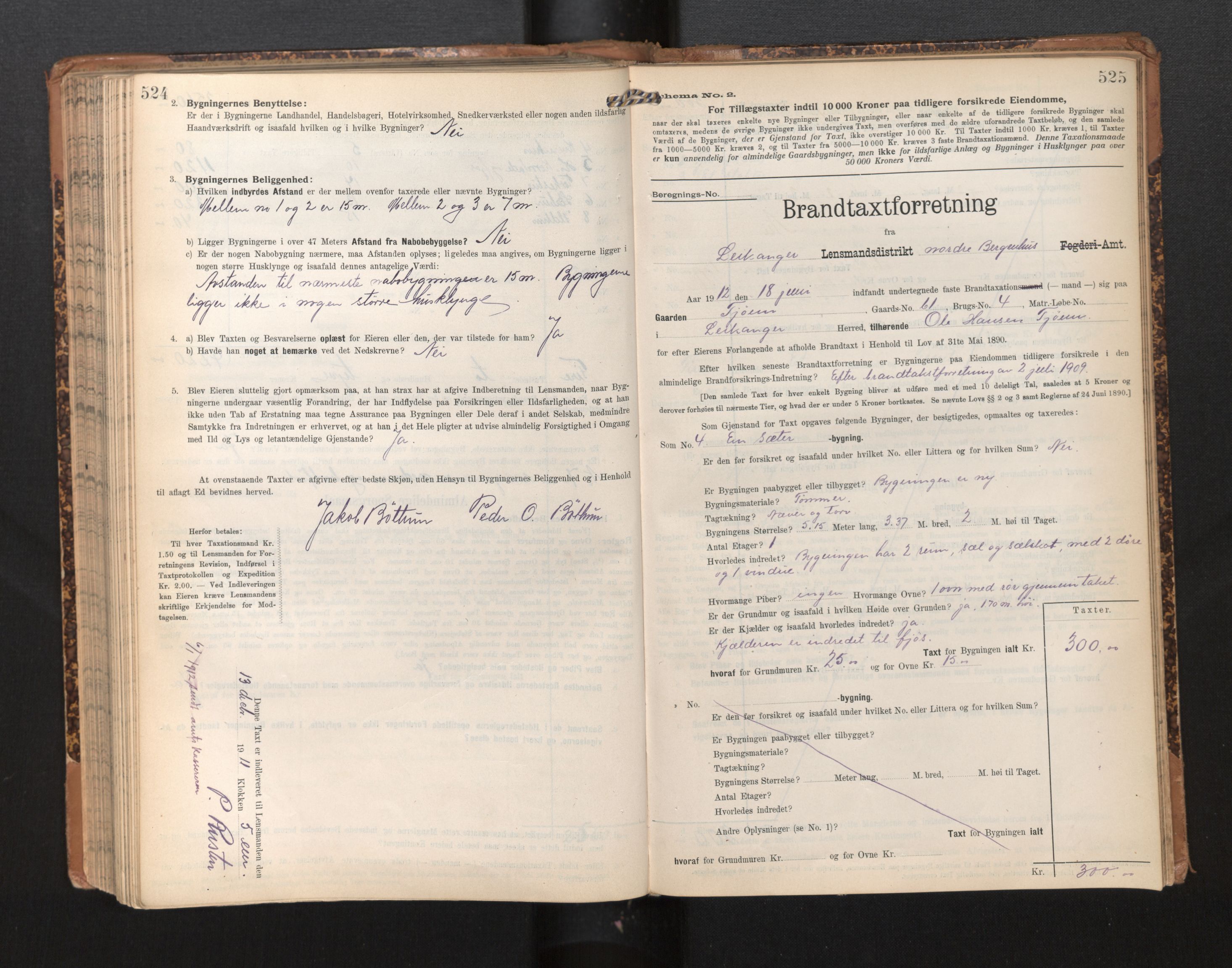 Lensmannen i Leikanger, SAB/A-29201/0012/L0005: Branntakstprotokoll, skjematakst, 1907-1917, s. 524-525