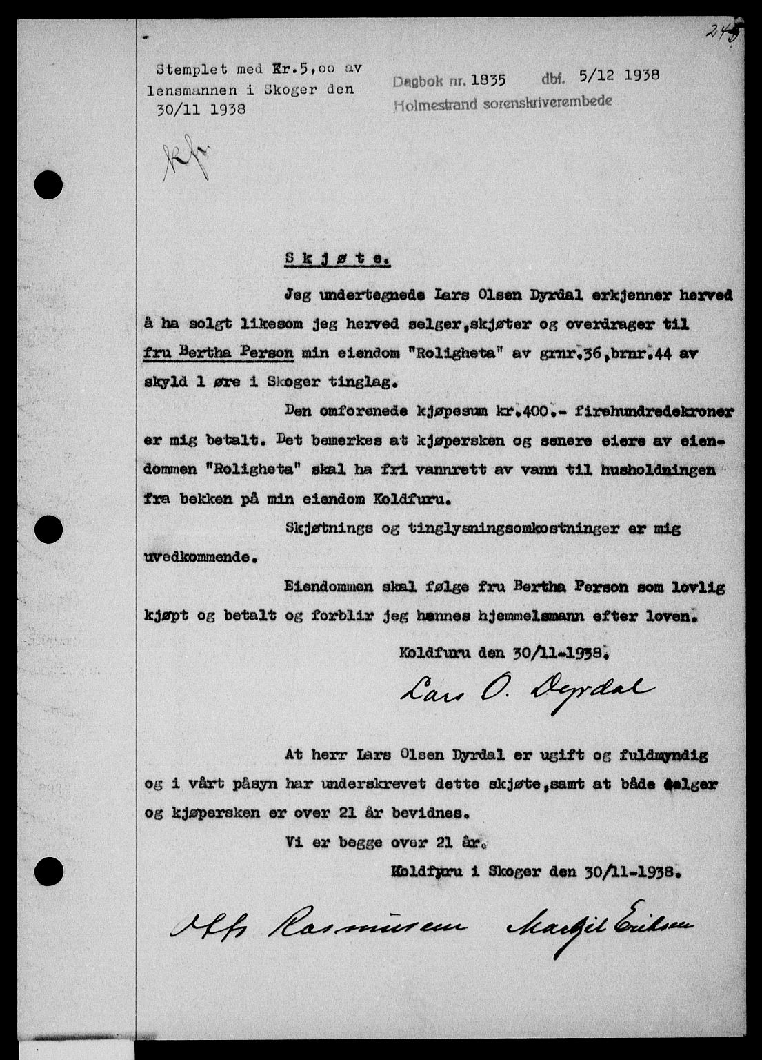 Holmestrand sorenskriveri, SAKO/A-67/G/Ga/Gaa/L0050: Pantebok nr. A-50, 1938-1939, Dagboknr: 1835/1938