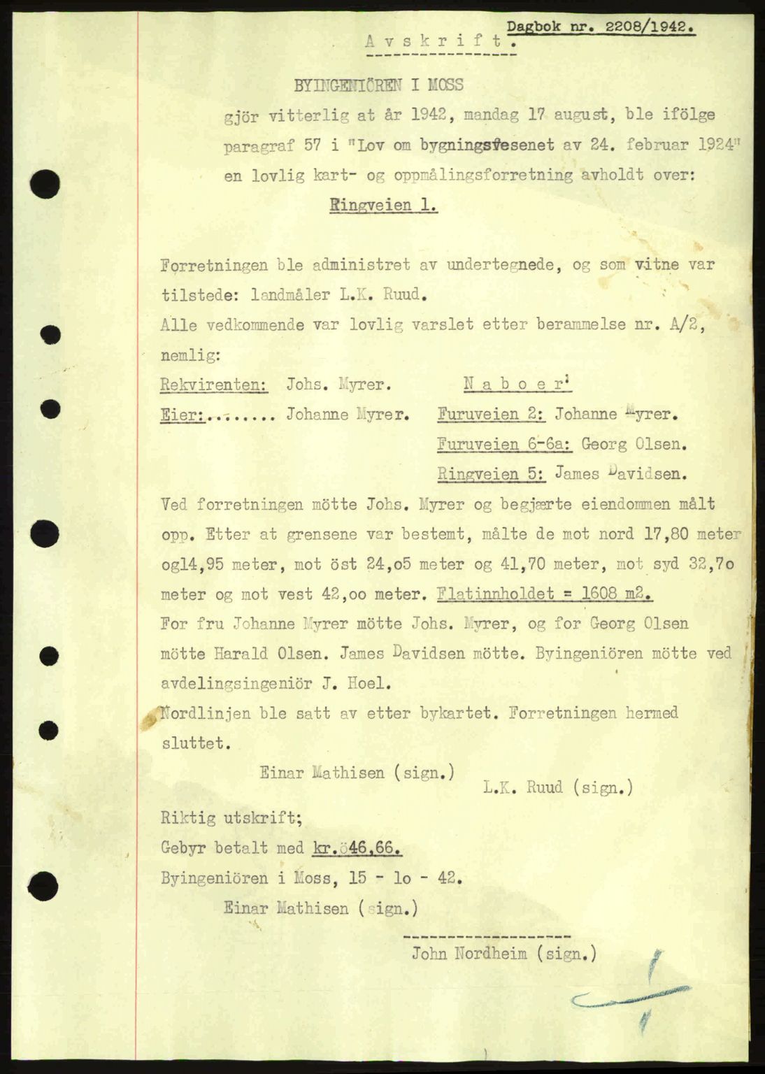 Moss sorenskriveri, SAO/A-10168: Pantebok nr. A10, 1942-1943, Dagboknr: 2208/1942