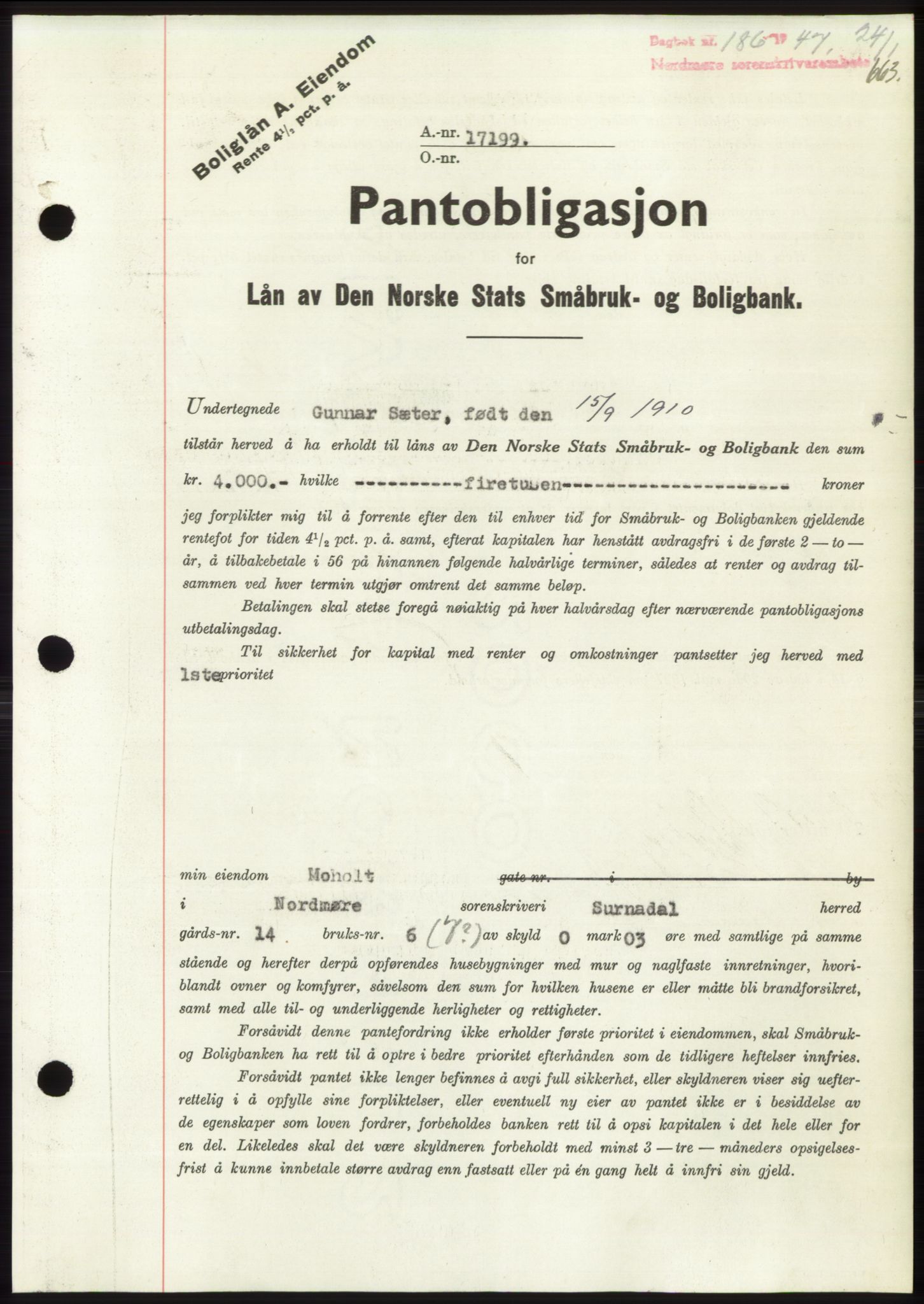 Nordmøre sorenskriveri, SAT/A-4132/1/2/2Ca: Pantebok nr. B95, 1946-1947, Dagboknr: 186/1947