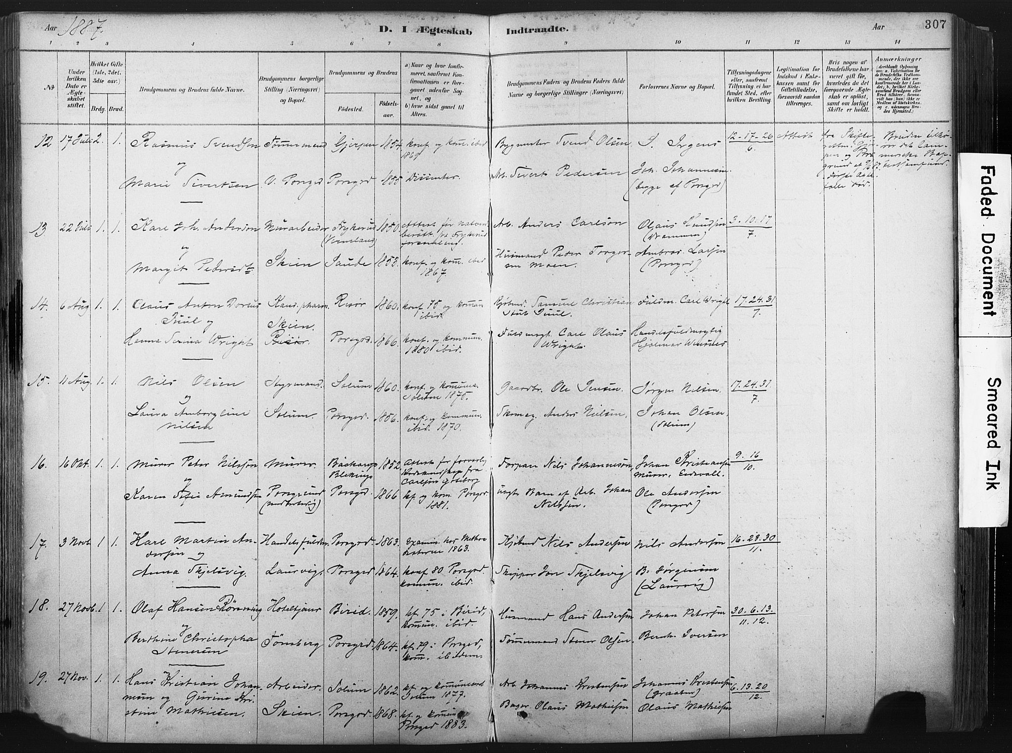 Porsgrunn kirkebøker , AV/SAKO-A-104/F/Fa/L0008: Ministerialbok nr. 8, 1878-1895, s. 307
