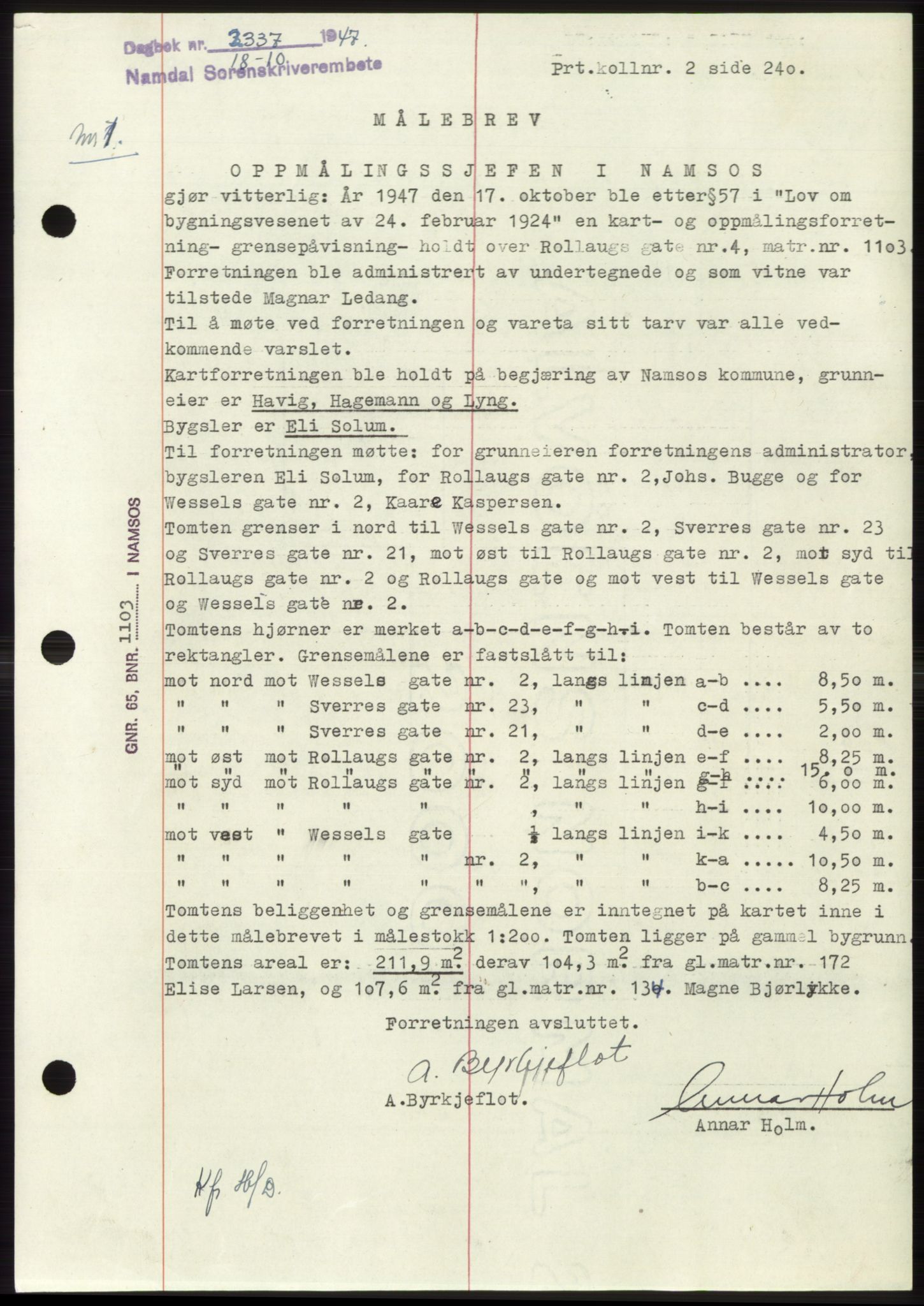 Namdal sorenskriveri, SAT/A-4133/1/2/2C: Pantebok nr. -, 1947-1947, Dagboknr: 2337/1947