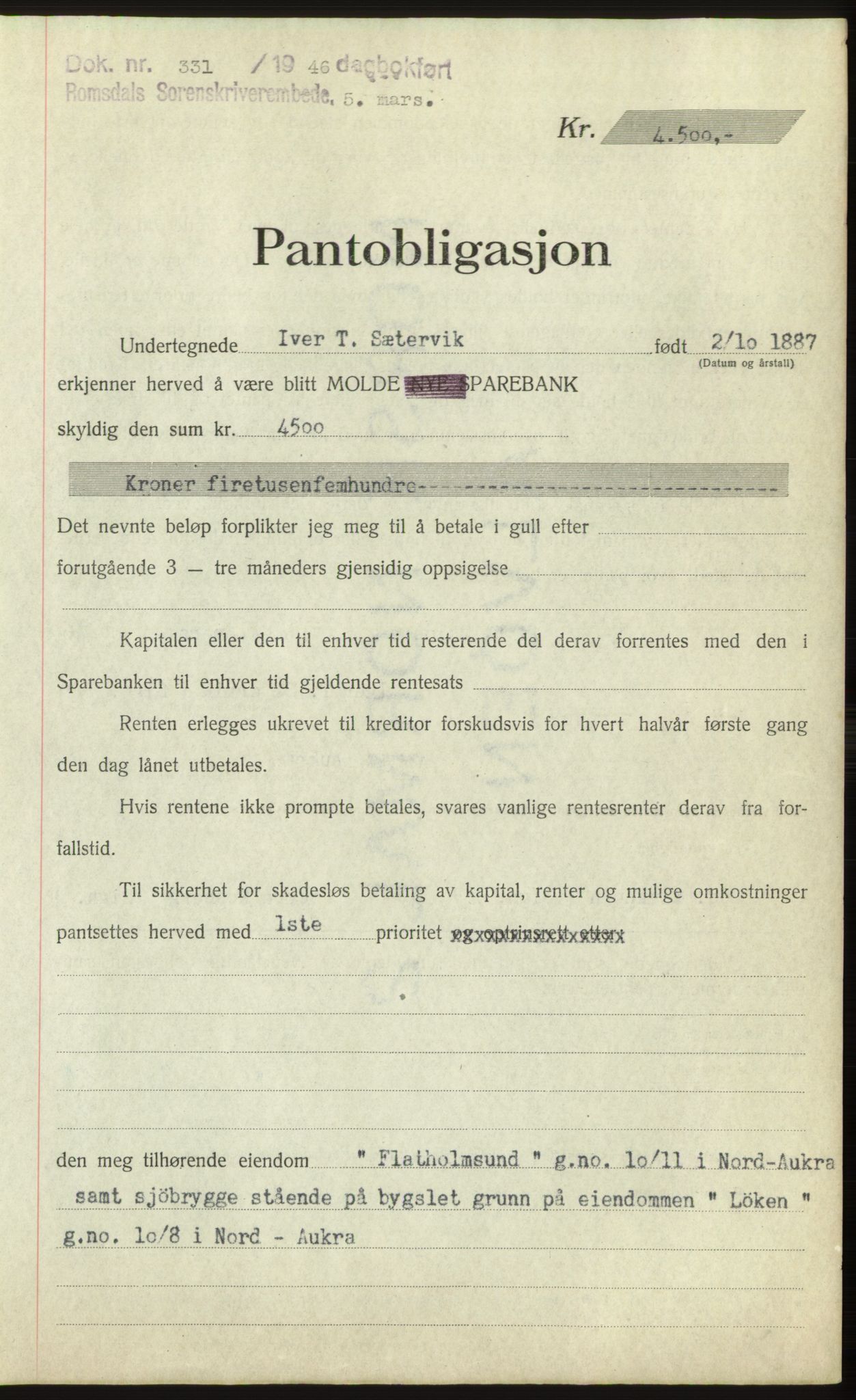 Romsdal sorenskriveri, SAT/A-4149/1/2/2C: Pantebok nr. B3, 1946-1948, Dagboknr: 331/1946