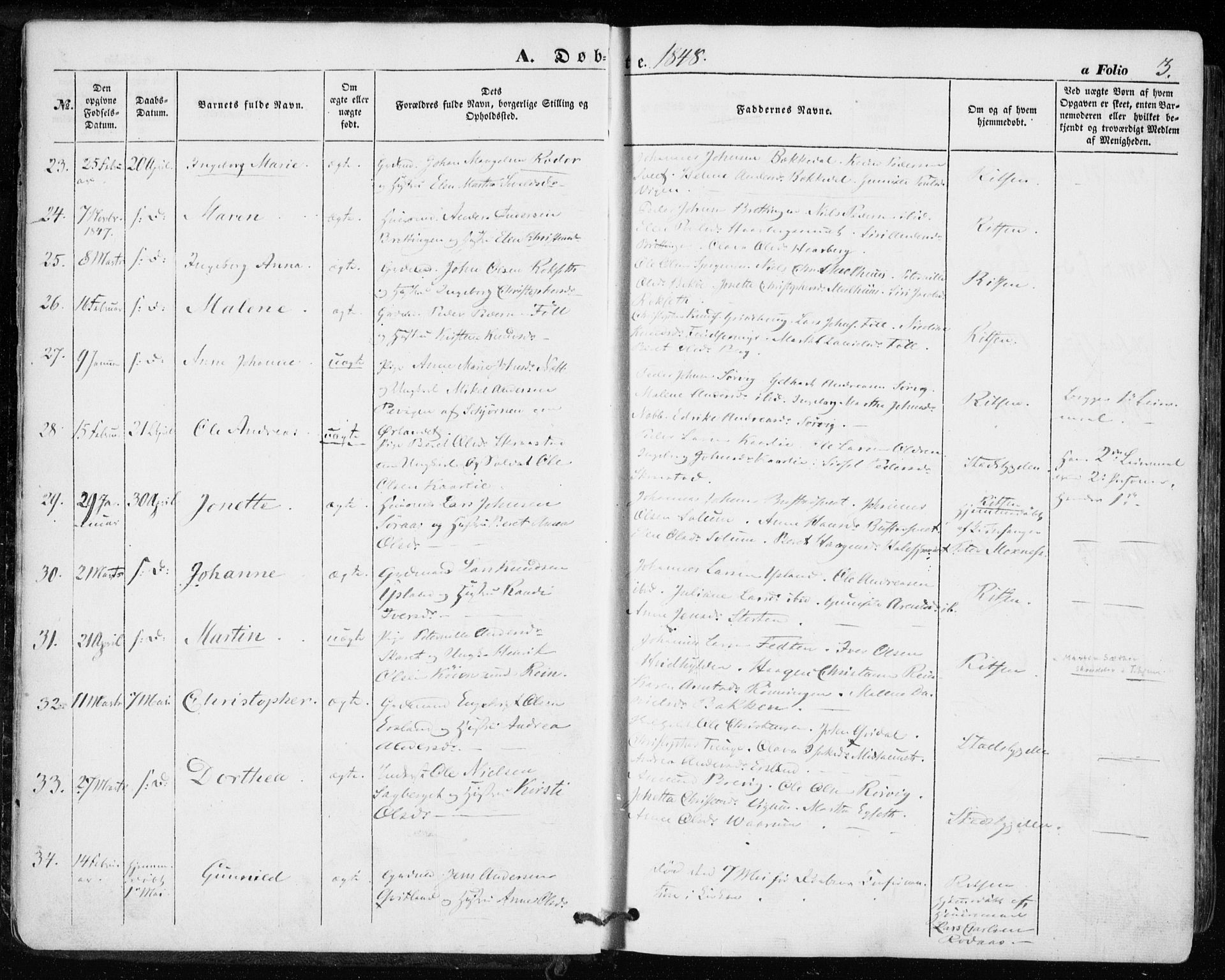 Ministerialprotokoller, klokkerbøker og fødselsregistre - Sør-Trøndelag, SAT/A-1456/646/L0611: Ministerialbok nr. 646A09, 1848-1857, s. 3
