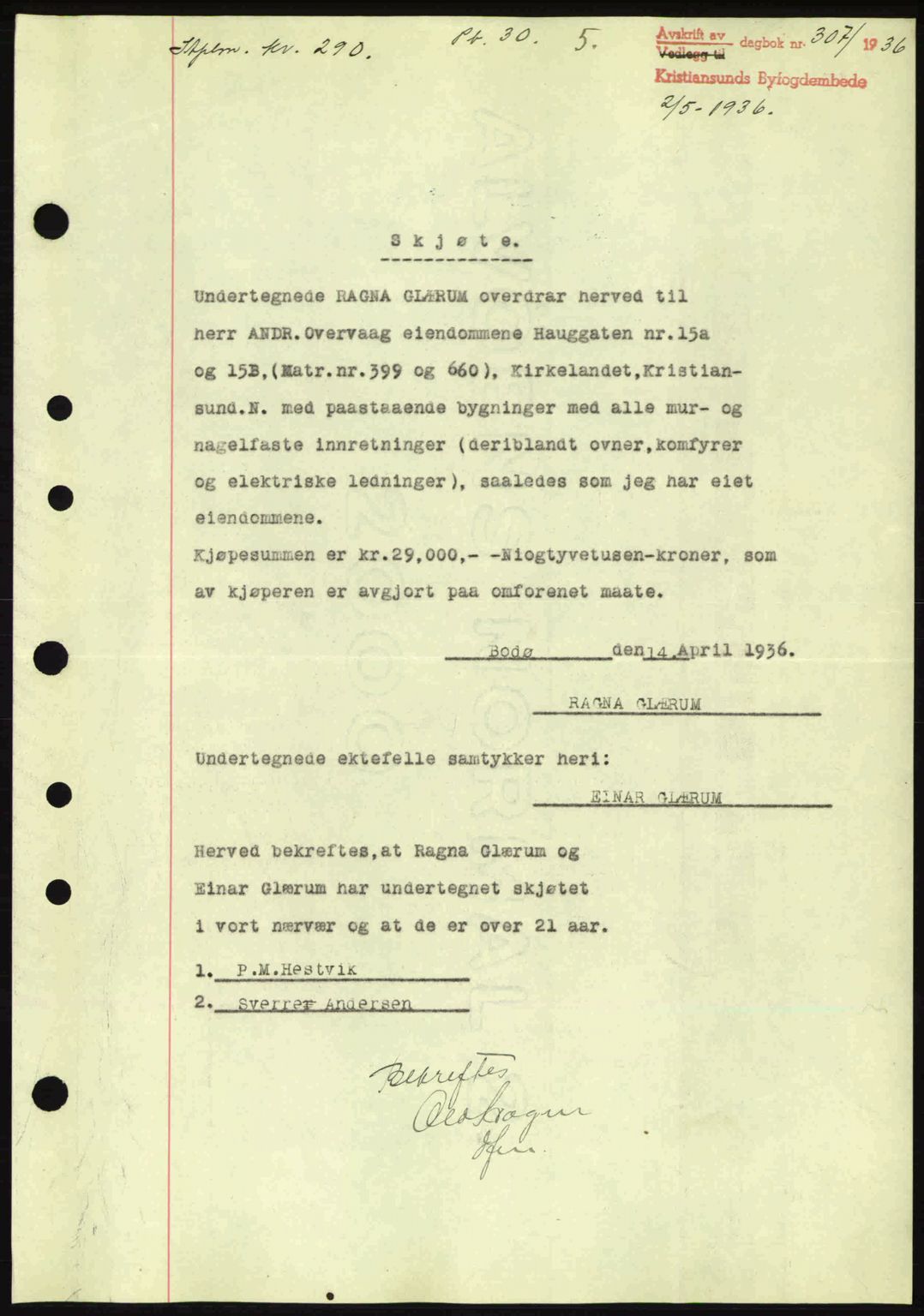 Kristiansund byfogd, AV/SAT-A-4587/A/27: Pantebok nr. 30, 1936-1941, Dagboknr: 307/1936