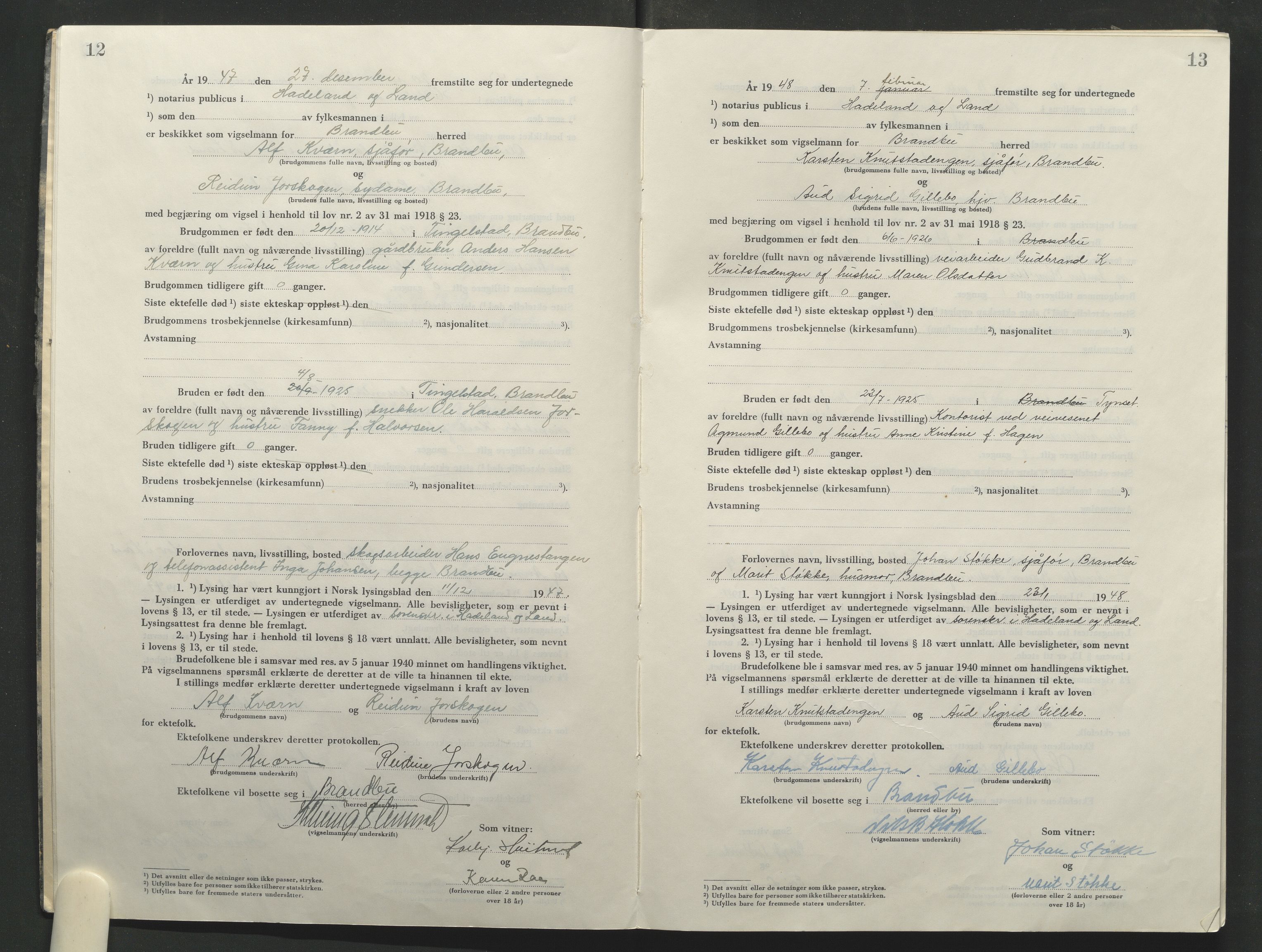 Hadeland og Land tingrett, AV/SAH-TING-010/L/Lb/L0004: Vigselbok, 1947-1969, s. 12-13