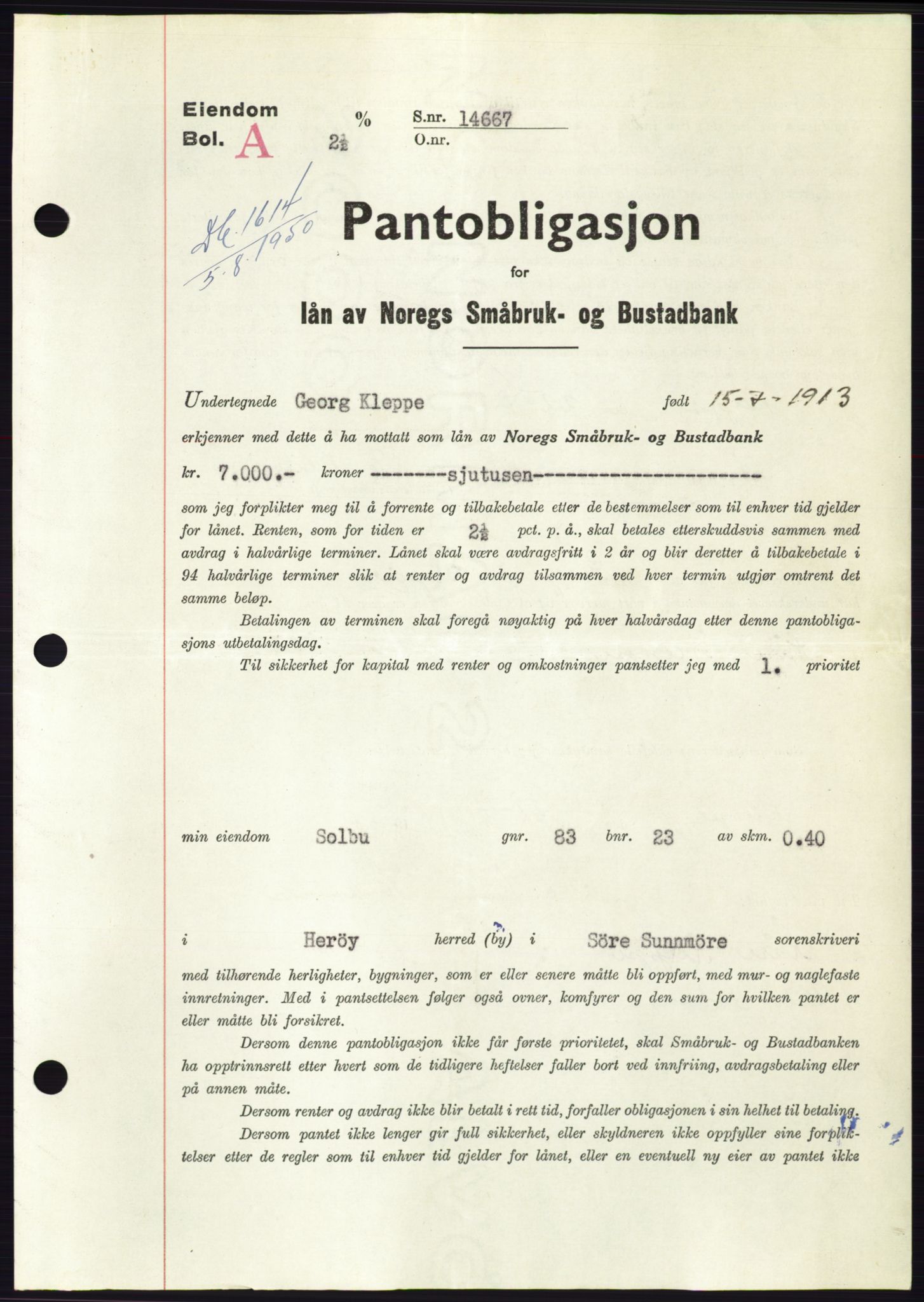 Søre Sunnmøre sorenskriveri, SAT/A-4122/1/2/2C/L0119: Pantebok nr. 7B, 1950-1951, Dagboknr: 1614/1950