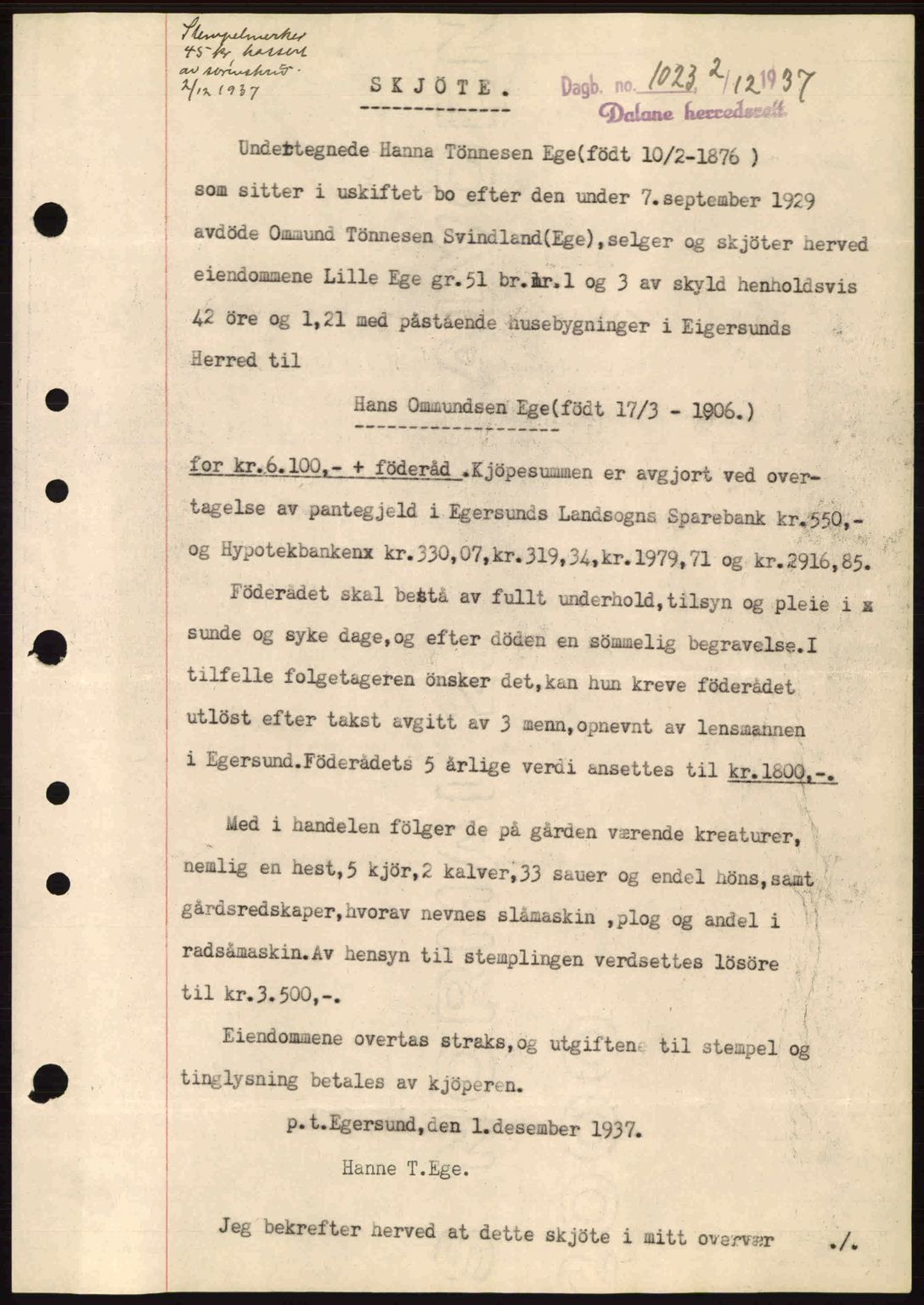 Dalane sorenskriveri, SAST/A-100309/02/G/Gb/L0041: Pantebok nr. A2, 1936-1937, Dagboknr: 1023/1937