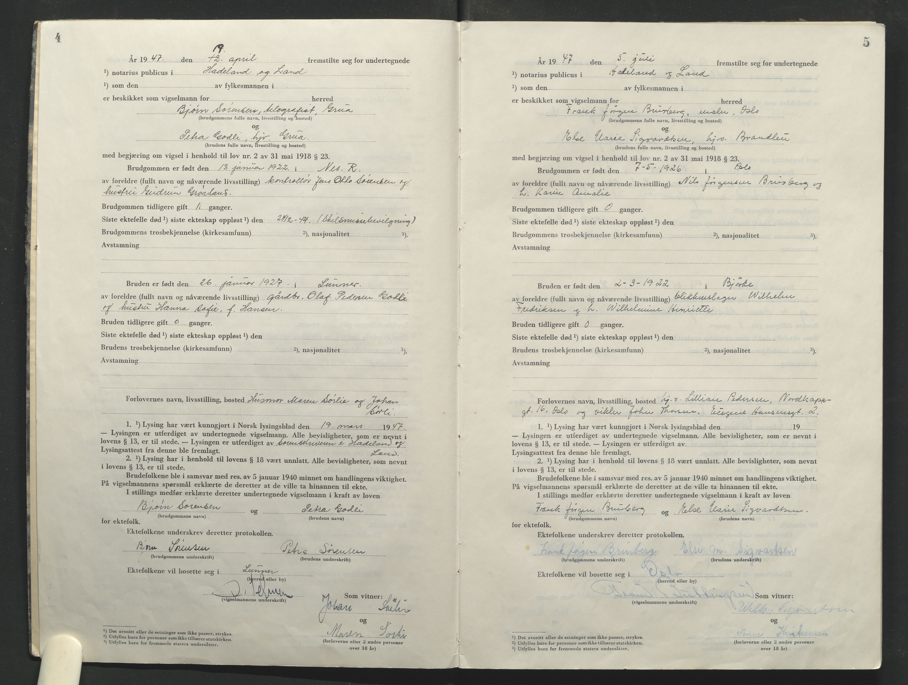 Hadeland og Land tingrett, AV/SAH-TING-010/L/Lb/L0004: Vigselbok, 1947-1969, s. 4-5