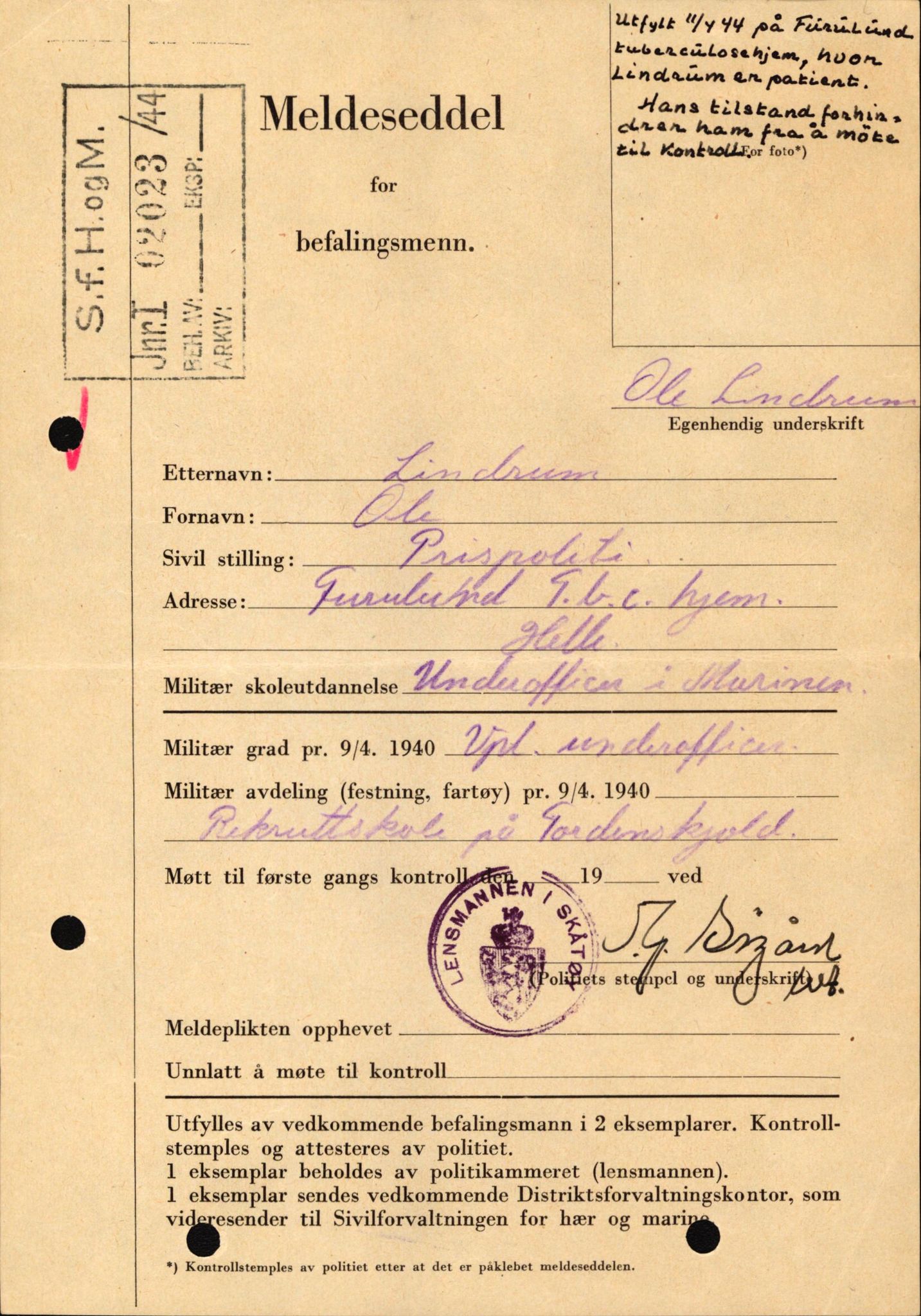 Forsvaret, Forsvarets krigshistoriske avdeling, AV/RA-RAFA-2017/Y/Yf/L0209: II-C-11-2121  -  Okkupasjonstiden.  Meldesedler for befal med foto og oppl. om militær grad 9. apr. 1940., 1944-1945, s. 94