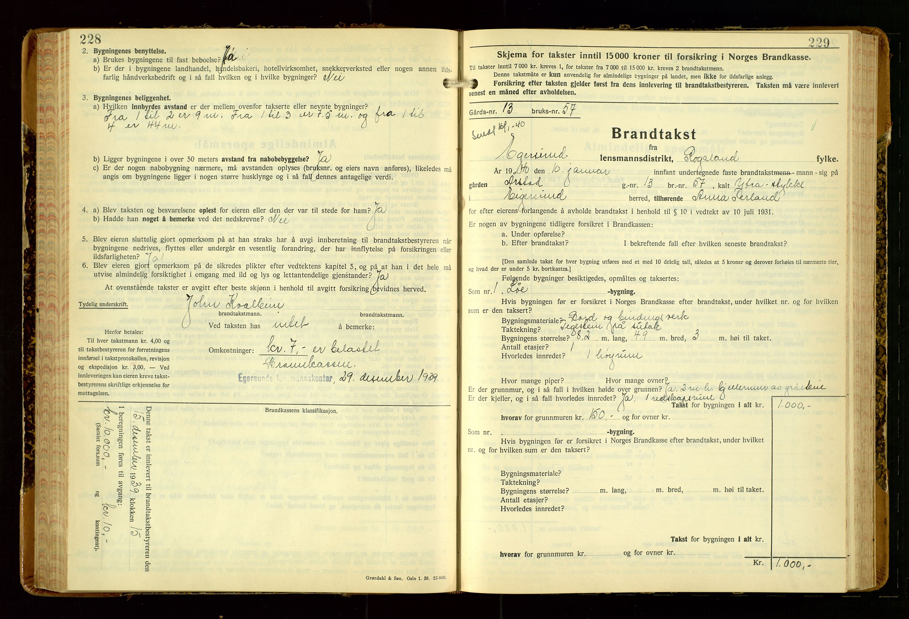 Eigersund lensmannskontor, AV/SAST-A-100171/Gob/L0007: "Brandtakstprotokoll", 1938-1955, s. 228-229