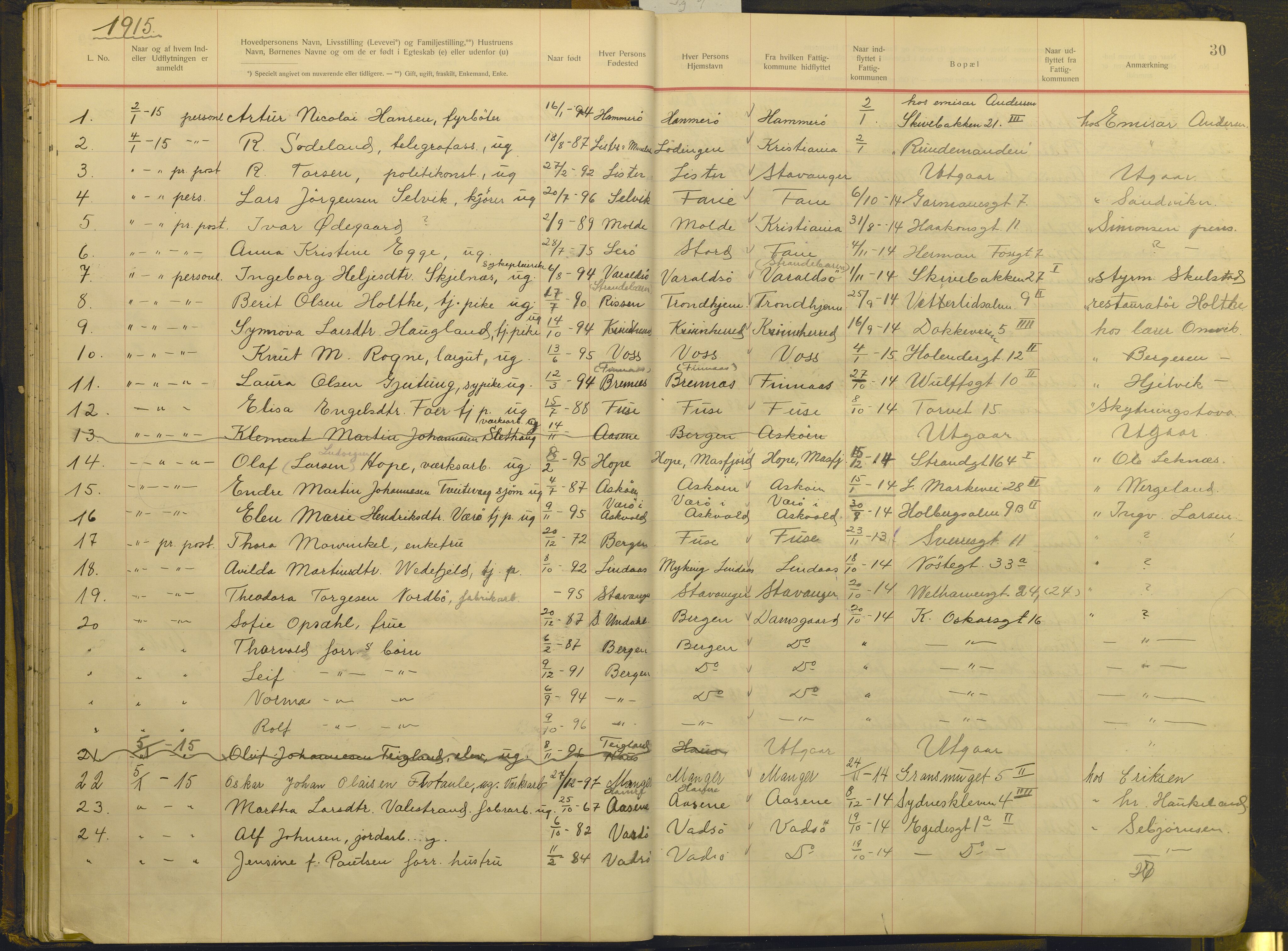 Bergen politikammer / politidistrikt, AV/SAB-A-60401/J.g/L0009: Protokoll over innflyttede, 1914-1917, s. 30