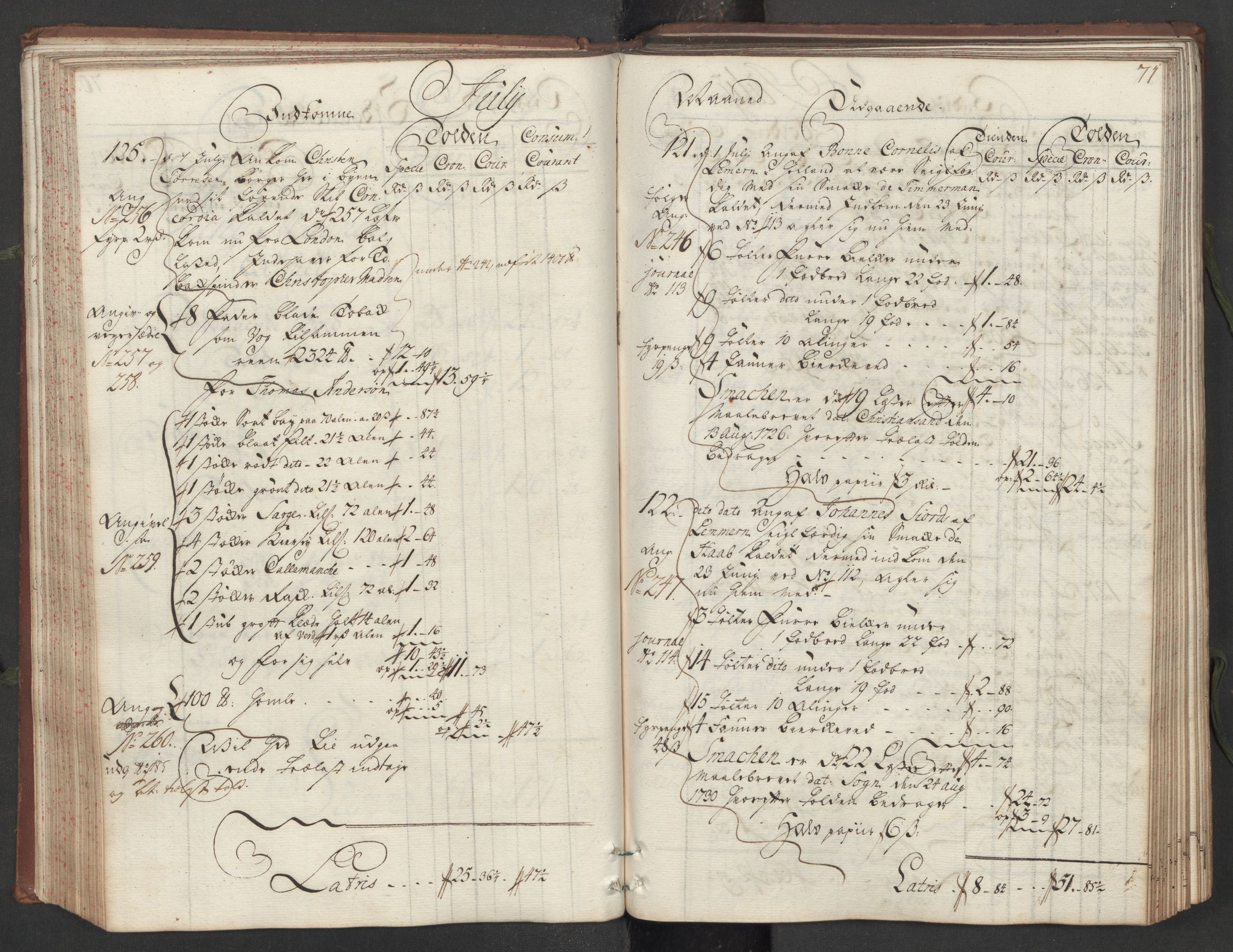Generaltollkammeret, tollregnskaper, AV/RA-EA-5490/R16/L0013/0001: Tollregnskaper Kristiansand / Hovedtollbok, 1733, s. 70b-71a