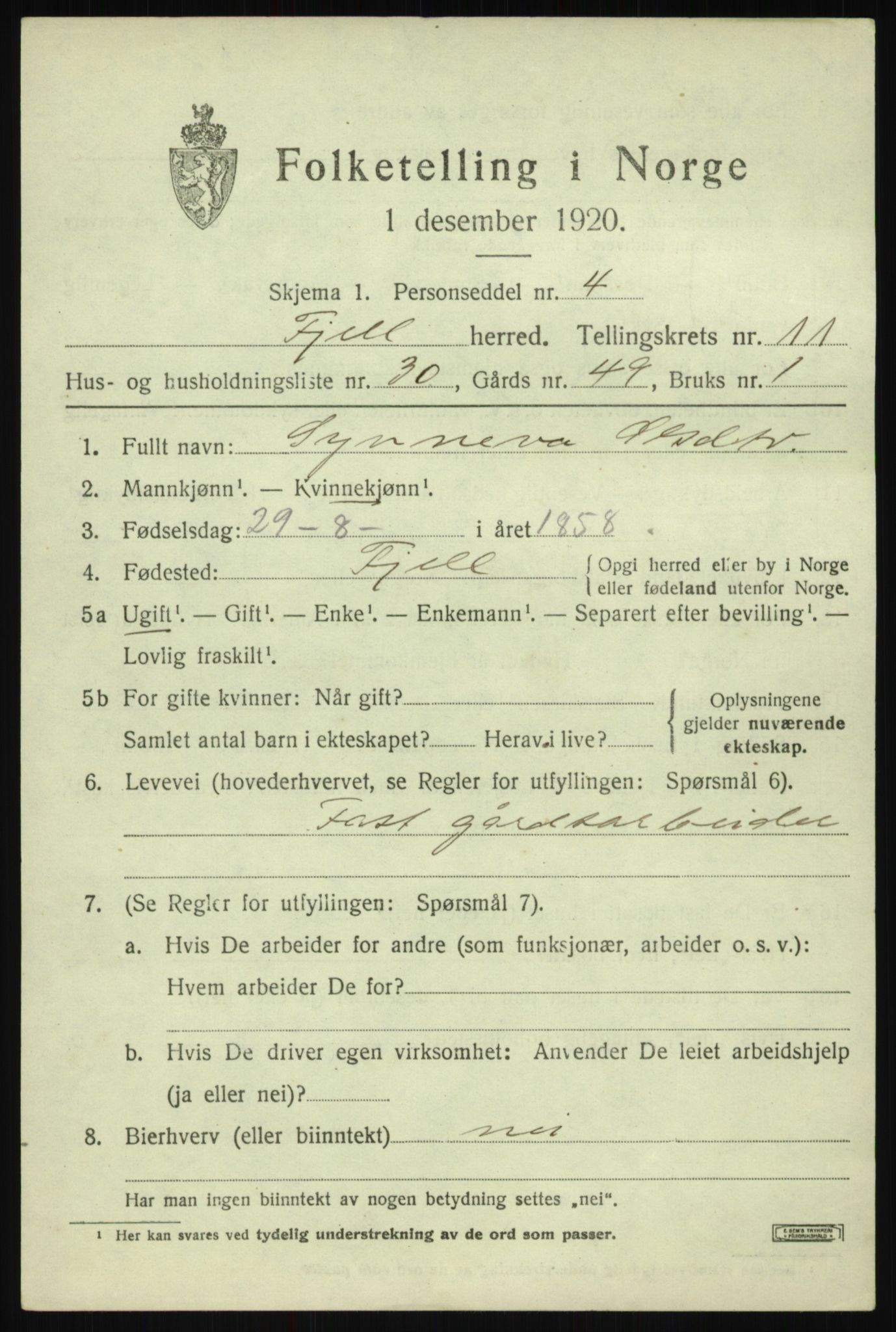 SAB, Folketelling 1920 for 1246 Fjell herred, 1920, s. 10186