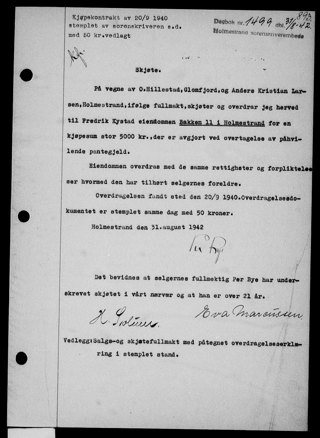 Holmestrand sorenskriveri, SAKO/A-67/G/Ga/Gaa/L0055: Pantebok nr. A-55, 1942-1942, Dagboknr: 1499/1942