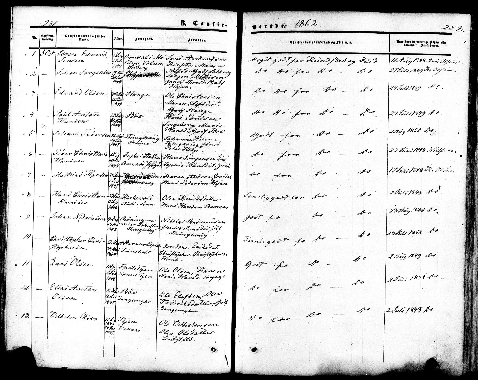 Ramnes kirkebøker, AV/SAKO-A-314/F/Fa/L0006: Ministerialbok nr. I 6, 1862-1877, s. 281-282