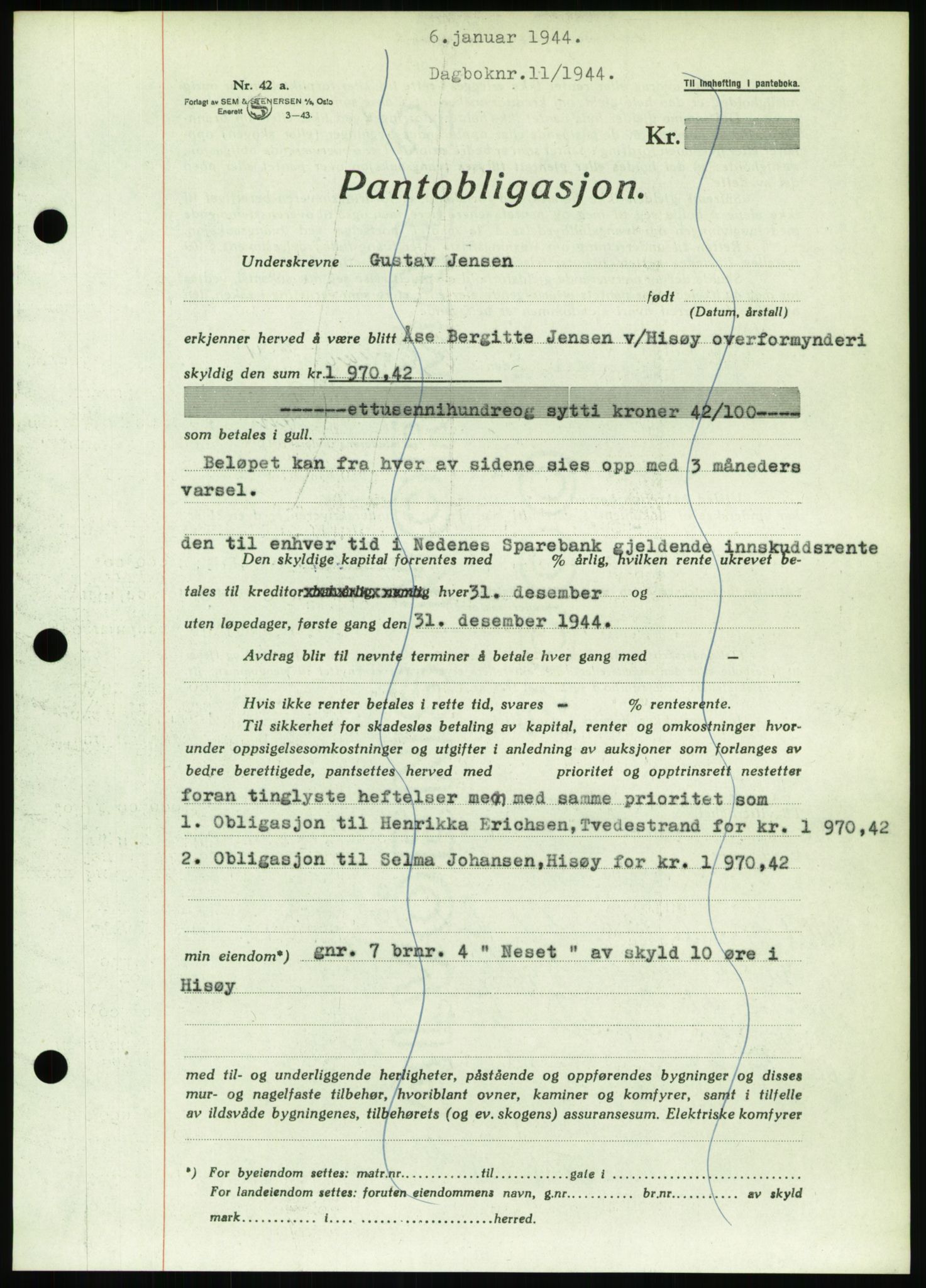 Nedenes sorenskriveri, AV/SAK-1221-0006/G/Gb/Gbb/L0002: Pantebok nr. II, 1942-1945, Dagboknr: 11/1944