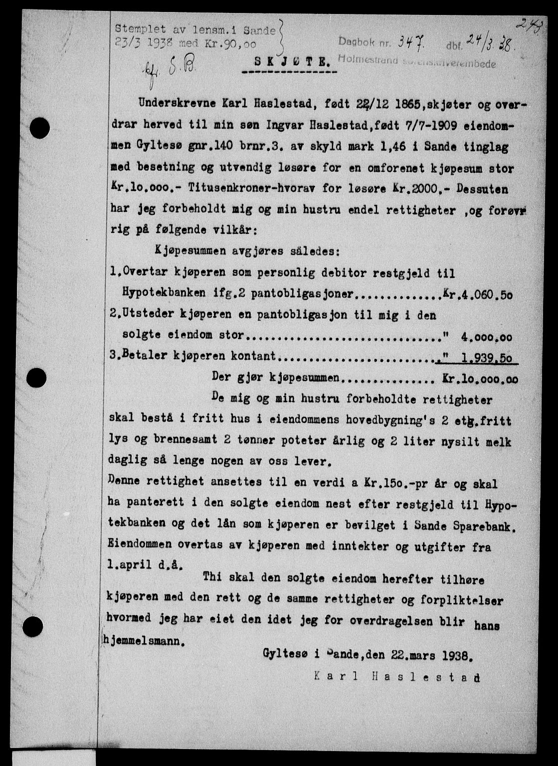 Holmestrand sorenskriveri, SAKO/A-67/G/Ga/Gaa/L0049: Pantebok nr. A-49, 1937-1938, Dagboknr: 347/1938