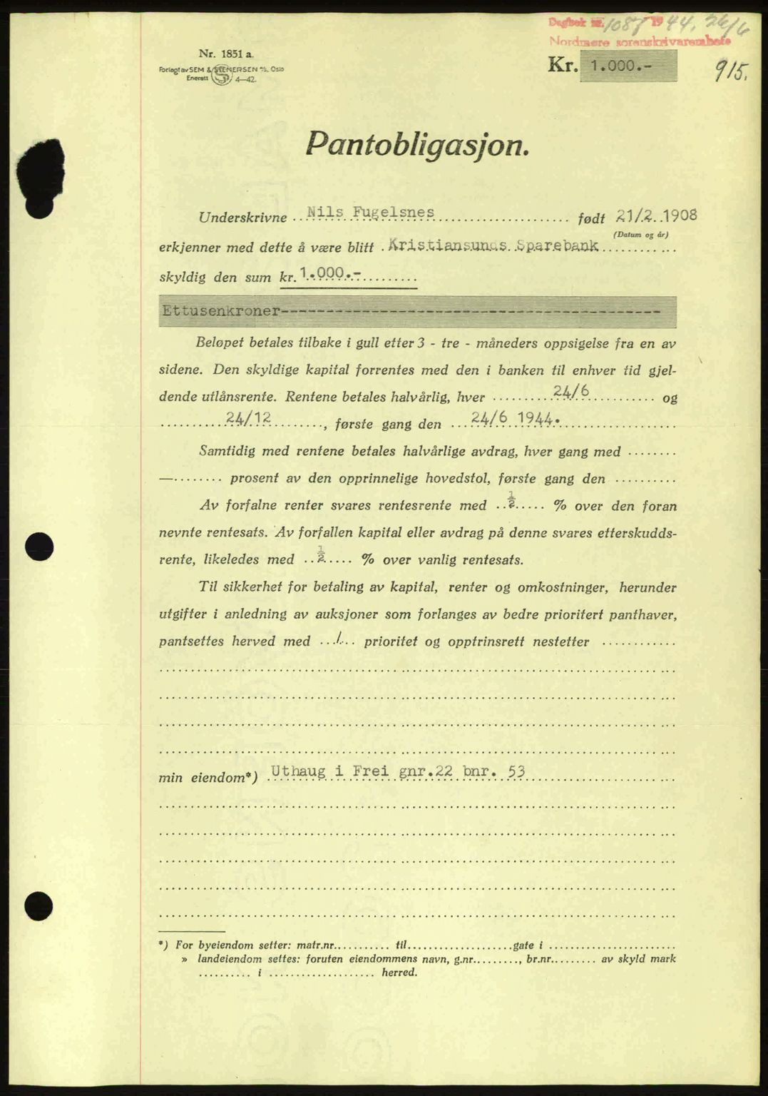 Nordmøre sorenskriveri, AV/SAT-A-4132/1/2/2Ca: Pantebok nr. B91, 1943-1944, Dagboknr: 1087/1944