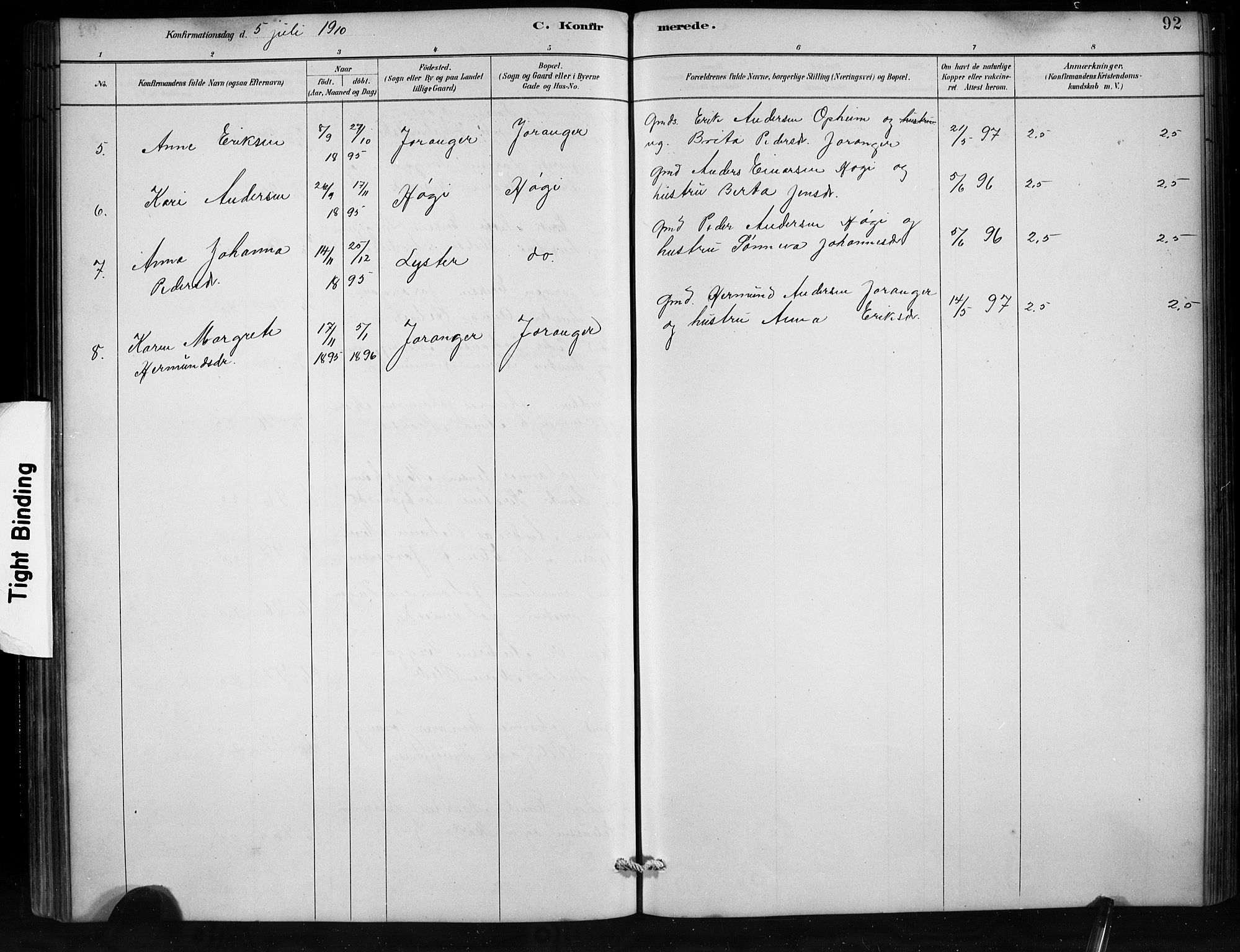 Jostedal sokneprestembete, AV/SAB-A-80601/H/Hab/Habd/L0001: Klokkerbok nr. D 1, 1882-1910, s. 92