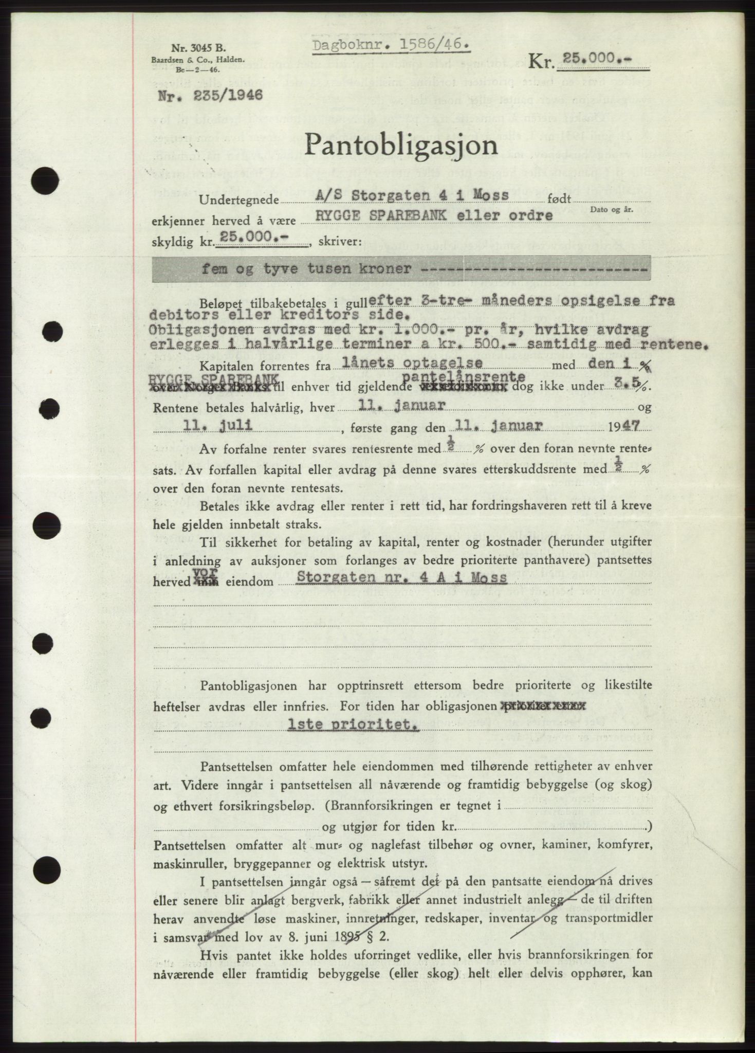 Moss sorenskriveri, SAO/A-10168: Pantebok nr. B15, 1946-1946, Dagboknr: 1586/1946