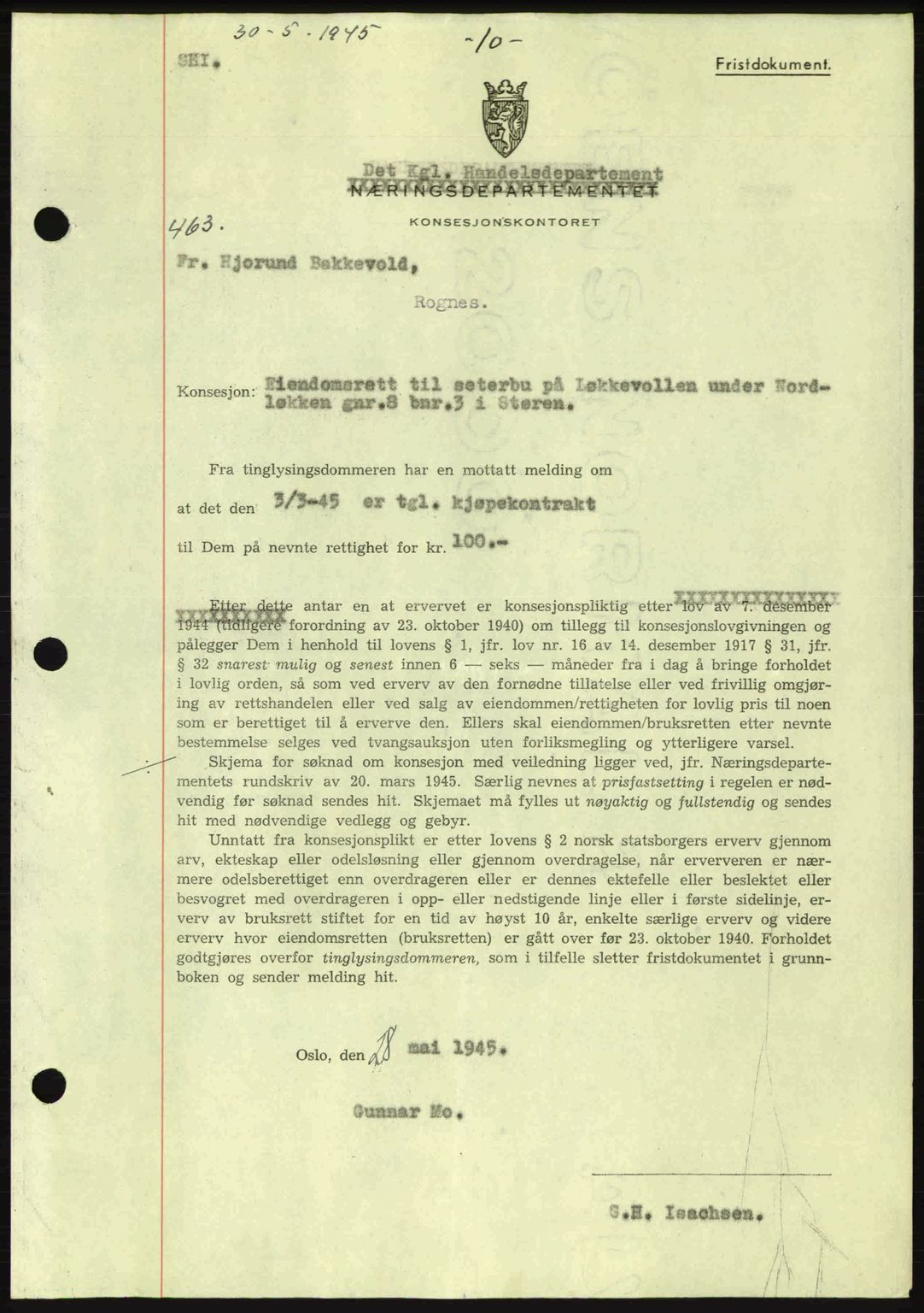 Gauldal sorenskriveri, SAT/A-0014/1/2/2C: Pantebok nr. A1a, 1945-1945, Dagboknr: 463/1945