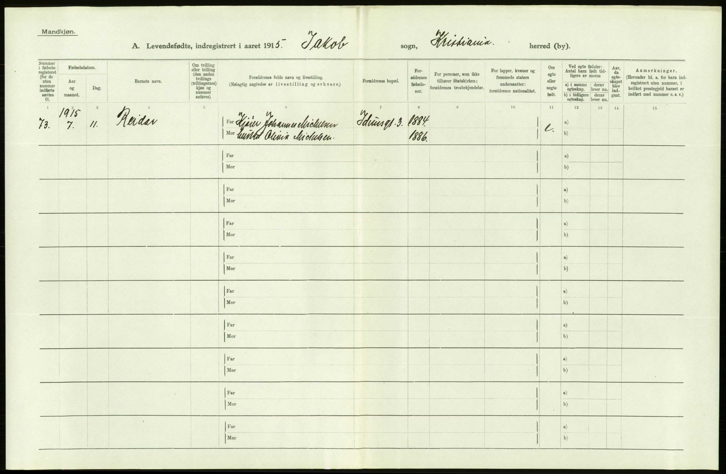 Statistisk sentralbyrå, Sosiodemografiske emner, Befolkning, RA/S-2228/D/Df/Dfb/Dfbe/L0006: Kristiania: Levendefødte menn og kvinner., 1915, s. 612