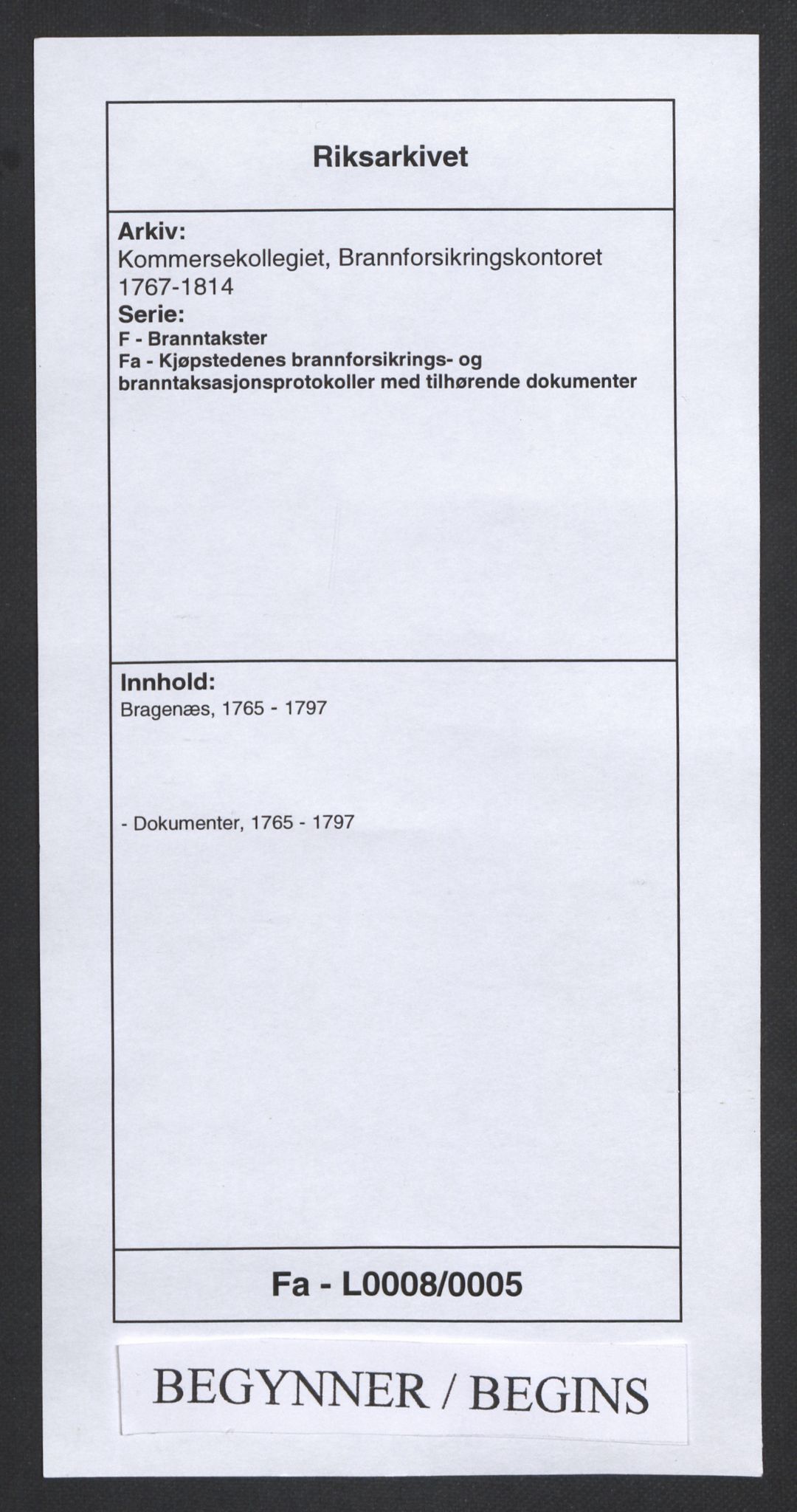Kommersekollegiet, Brannforsikringskontoret 1767-1814, RA/EA-5458/F/Fa/L0008/0005: Bragernes / Dokumenter, 1765-1797