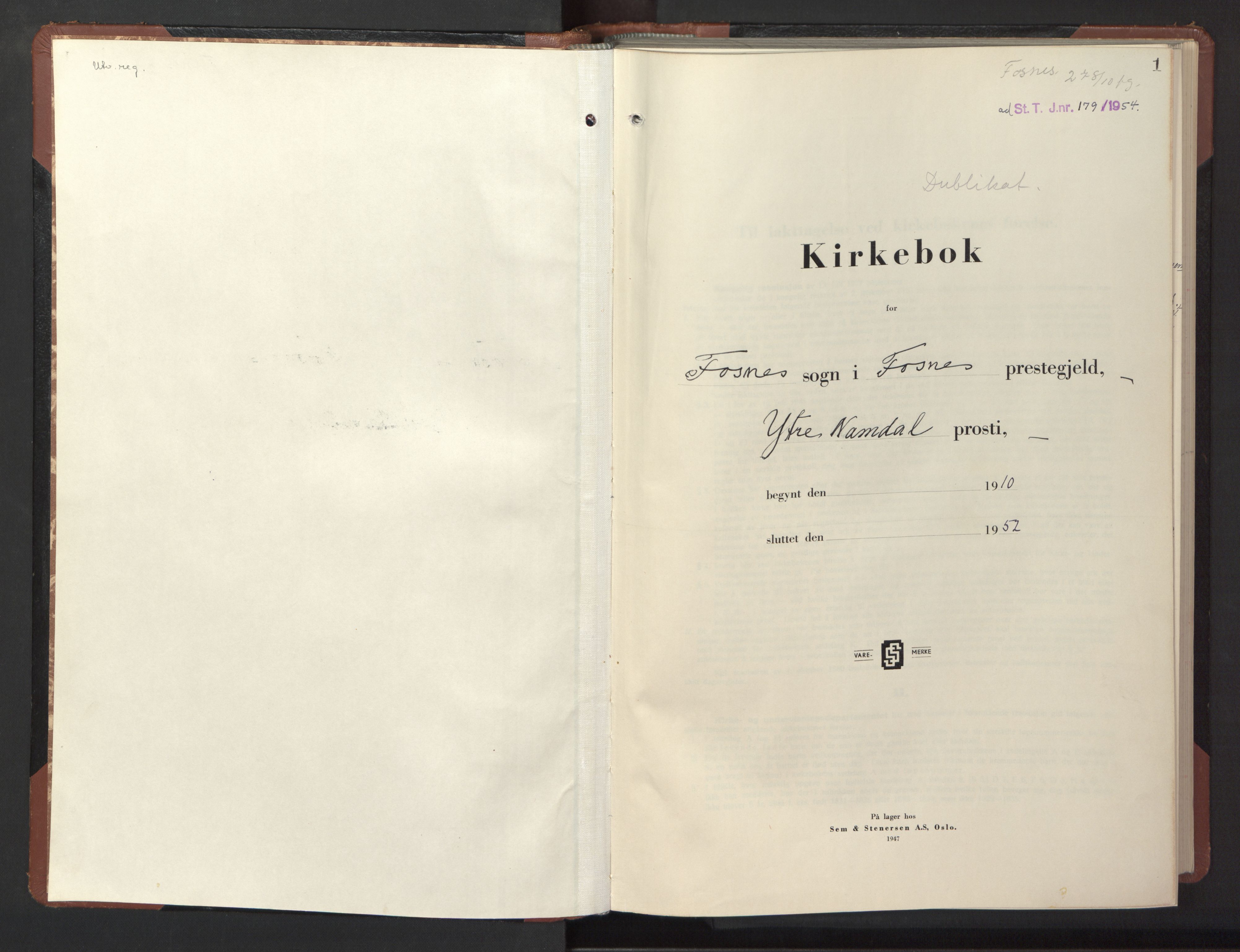 Ministerialprotokoller, klokkerbøker og fødselsregistre - Nord-Trøndelag, SAT/A-1458/773/L0625: Klokkerbok nr. 773C01, 1910-1952, s. 1