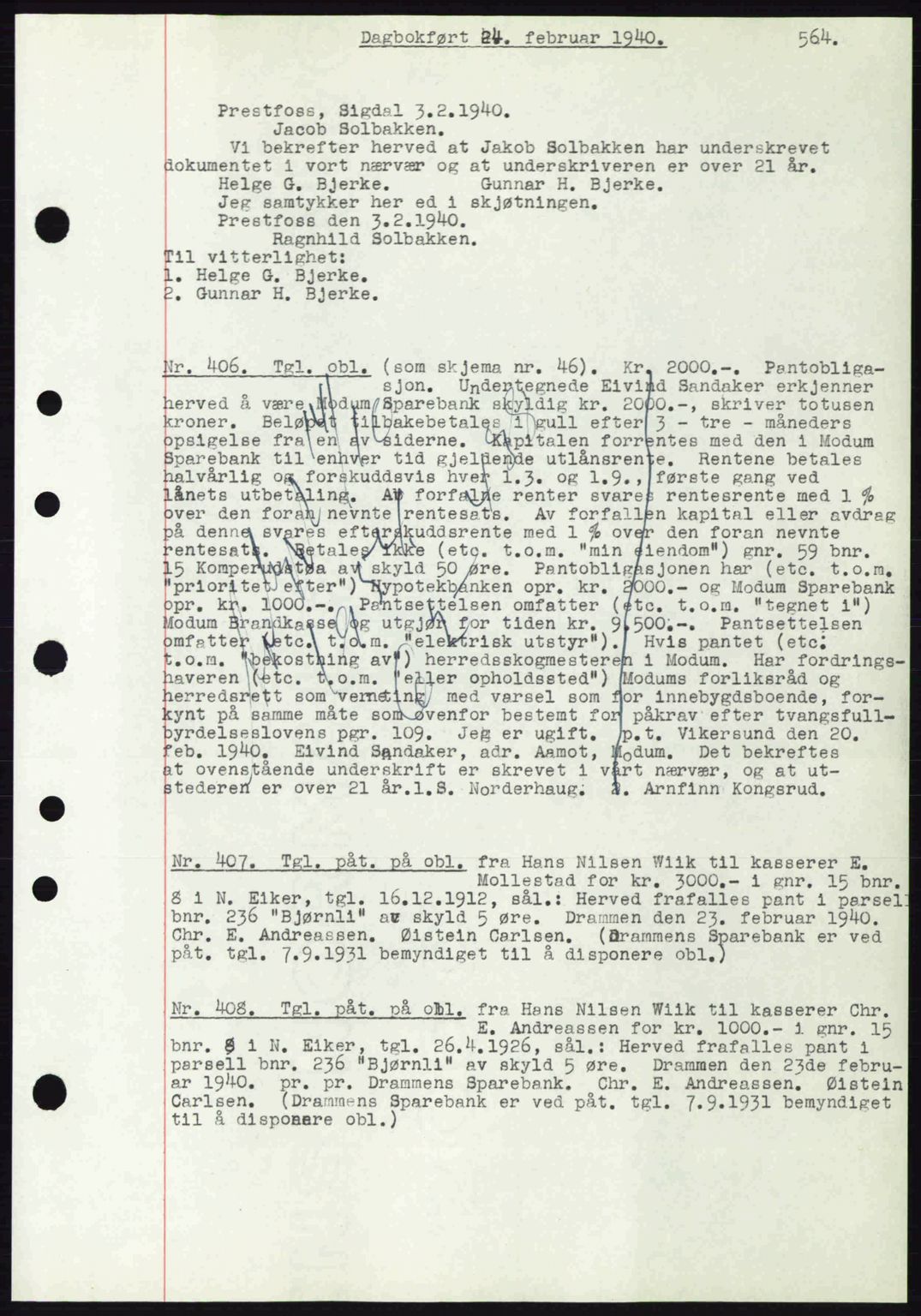 Eiker, Modum og Sigdal sorenskriveri, SAKO/A-123/G/Ga/Gab/L0041: Pantebok nr. A11, 1939-1940, Dagboknr: 406/1940