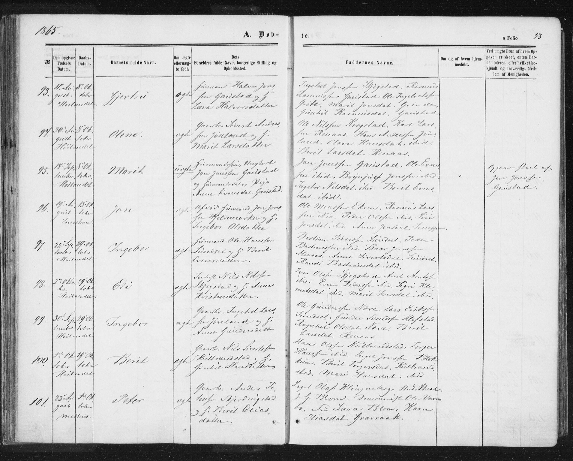 Ministerialprotokoller, klokkerbøker og fødselsregistre - Sør-Trøndelag, SAT/A-1456/691/L1077: Ministerialbok nr. 691A09, 1862-1873, s. 53