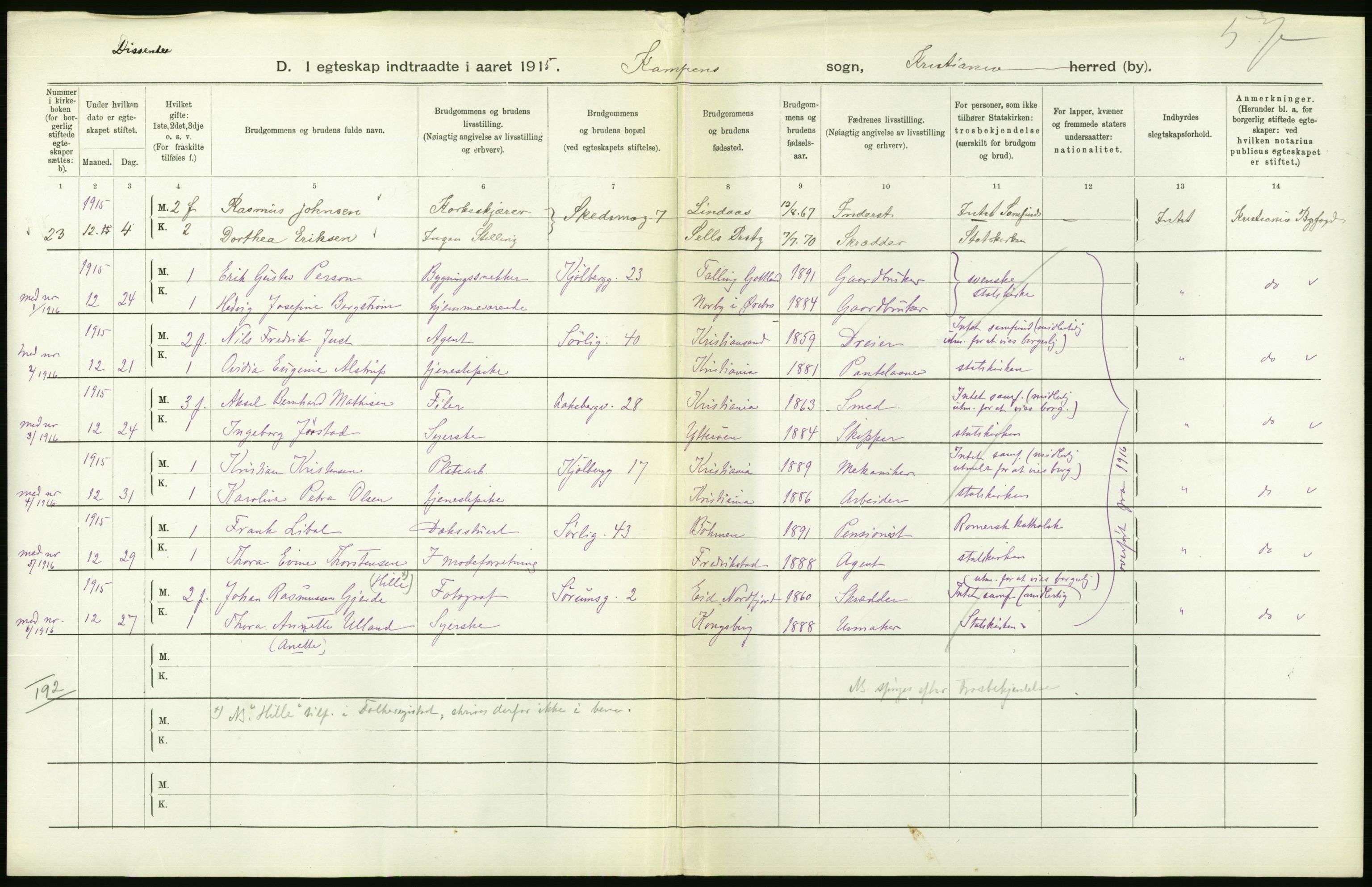 Statistisk sentralbyrå, Sosiodemografiske emner, Befolkning, RA/S-2228/D/Df/Dfb/Dfbe/L0008: Kristiania: Gifte., 1915, s. 762