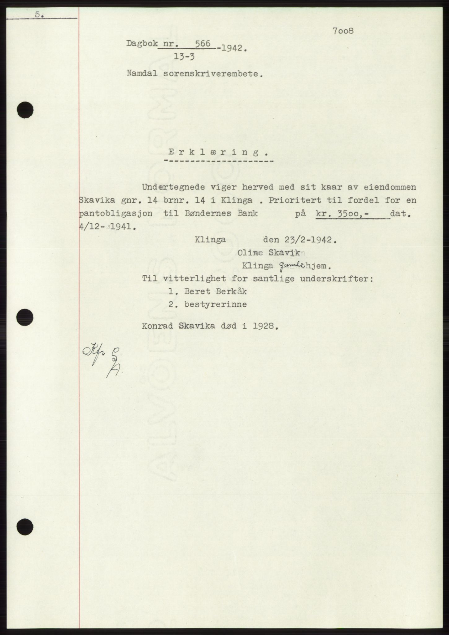 Namdal sorenskriveri, SAT/A-4133/1/2/2C: Pantebok nr. -, 1941-1942, Dagboknr: 566/1942