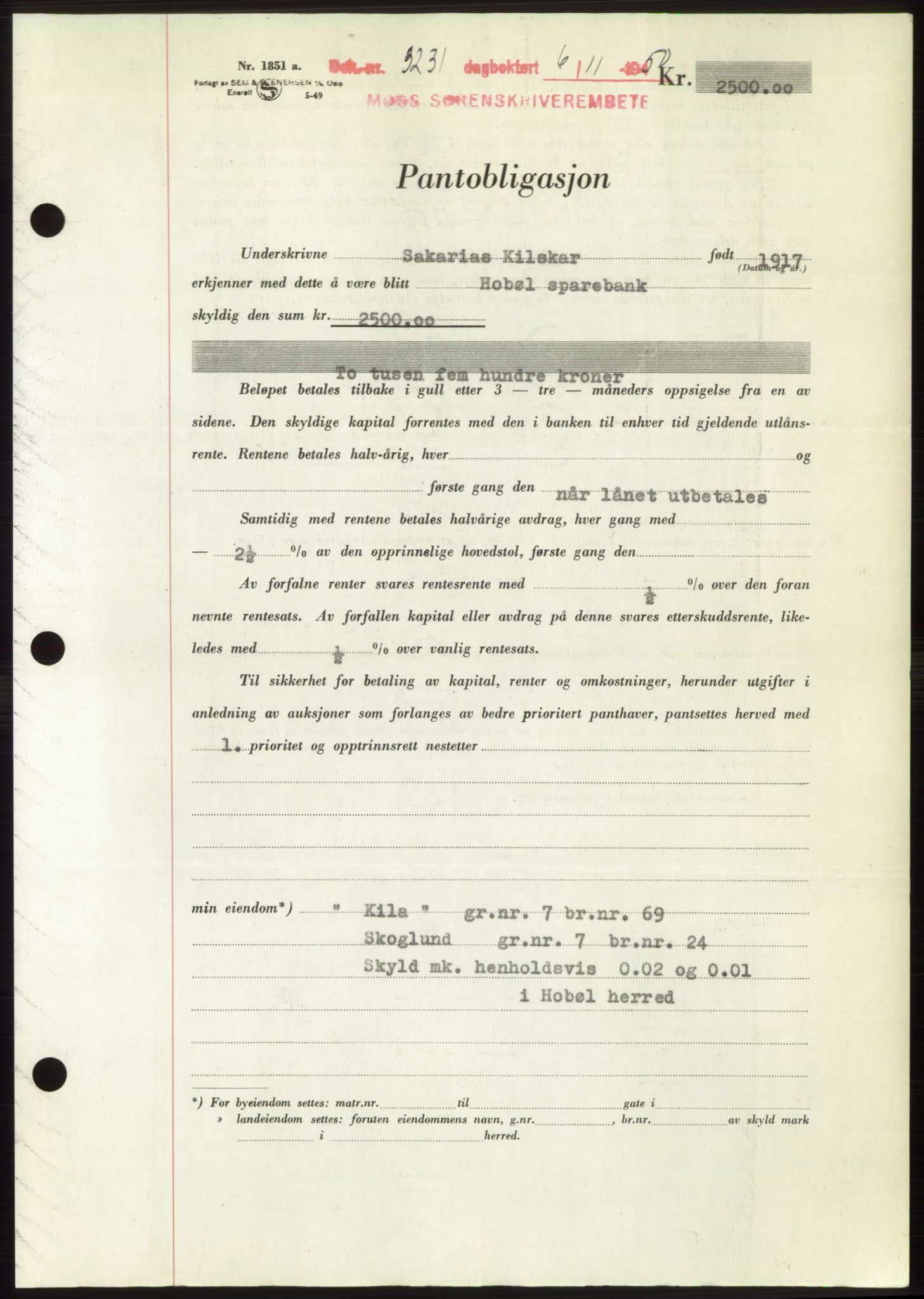 Moss sorenskriveri, SAO/A-10168: Pantebok nr. B25, 1950-1950, Dagboknr: 3231/1950