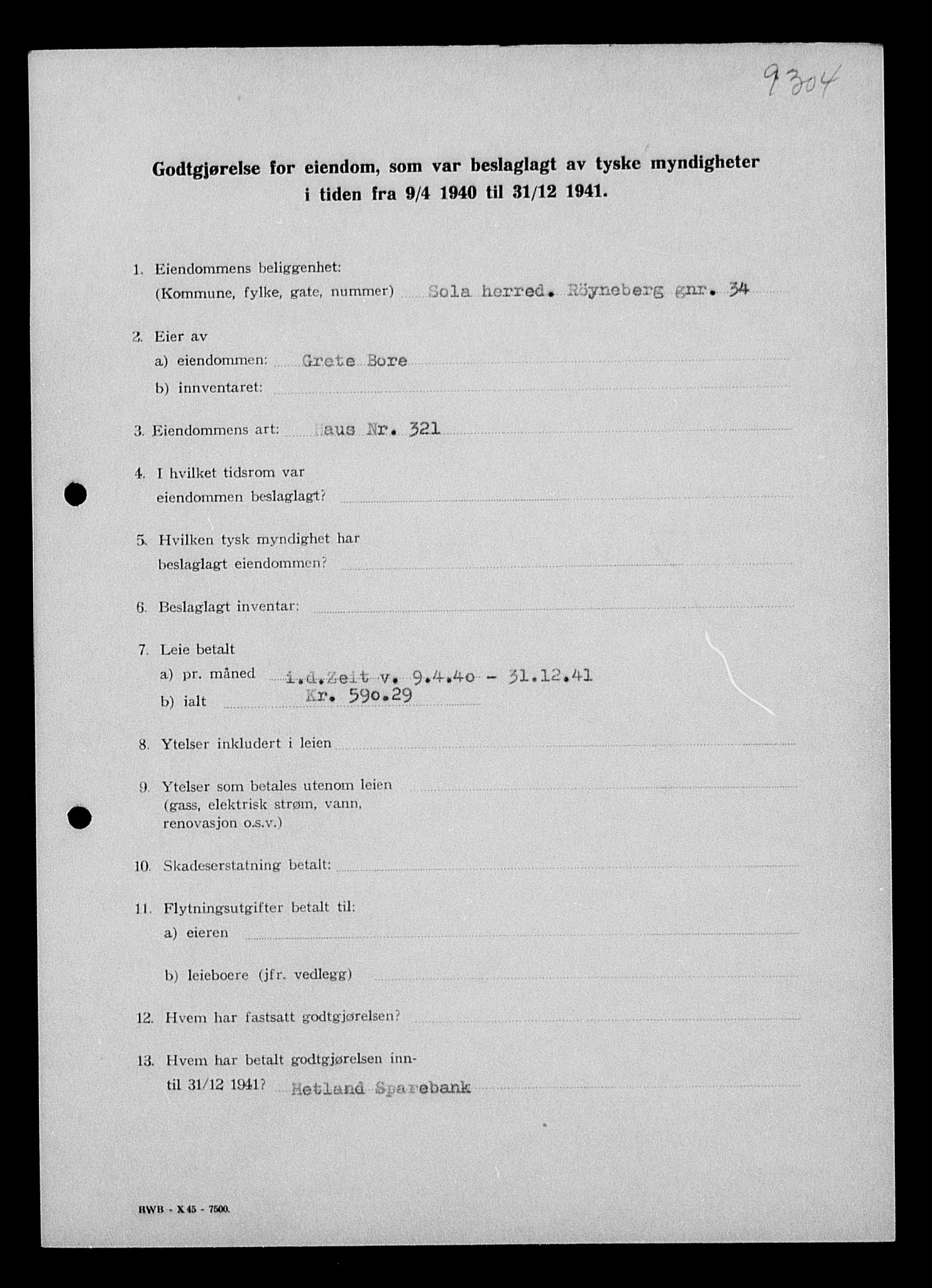 Justisdepartementet, Tilbakeføringskontoret for inndratte formuer, AV/RA-S-1564/I/L1014: Godtgjørelse for beslaglagt eiendom, 1940-1941, s. 192