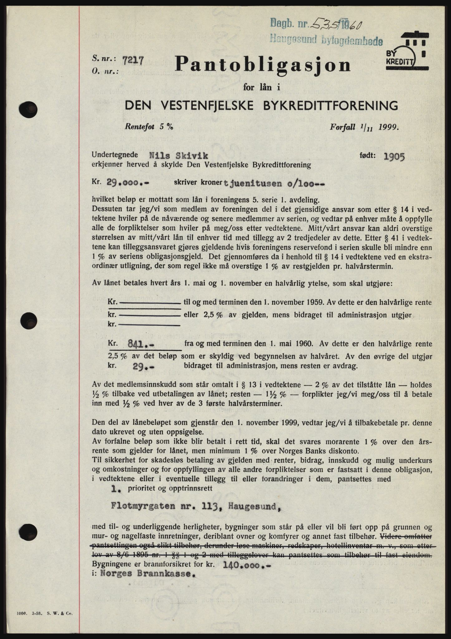 Haugesund tingrett, SAST/A-101415/01/II/IIC/L0046: Pantebok nr. B 46, 1960-1960, Dagboknr: 535/1960