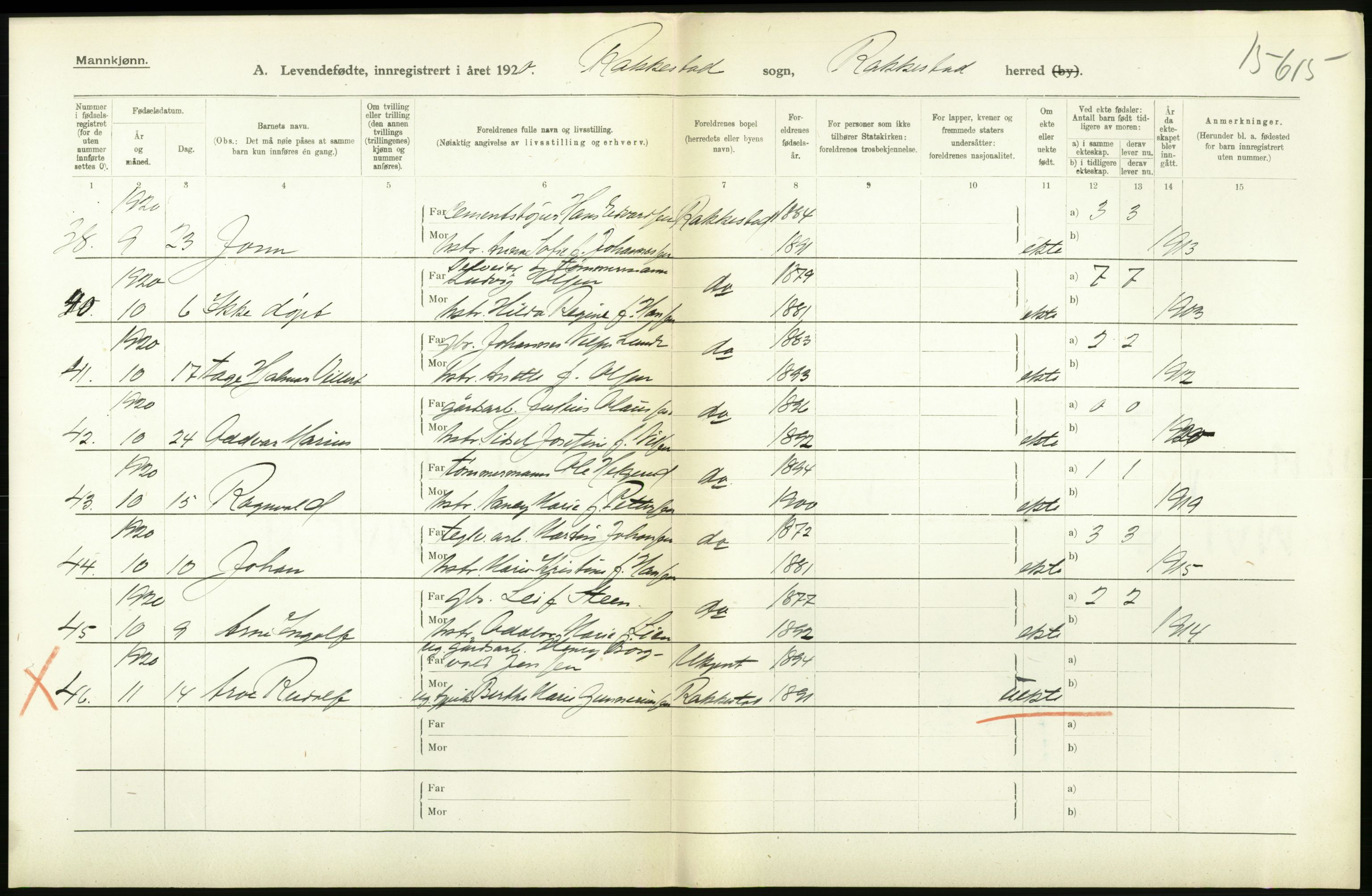 Statistisk sentralbyrå, Sosiodemografiske emner, Befolkning, RA/S-2228/D/Df/Dfb/Dfbj/L0001: Østfold fylke: Levendefødte menn og kvinner. Bygder., 1920, s. 324