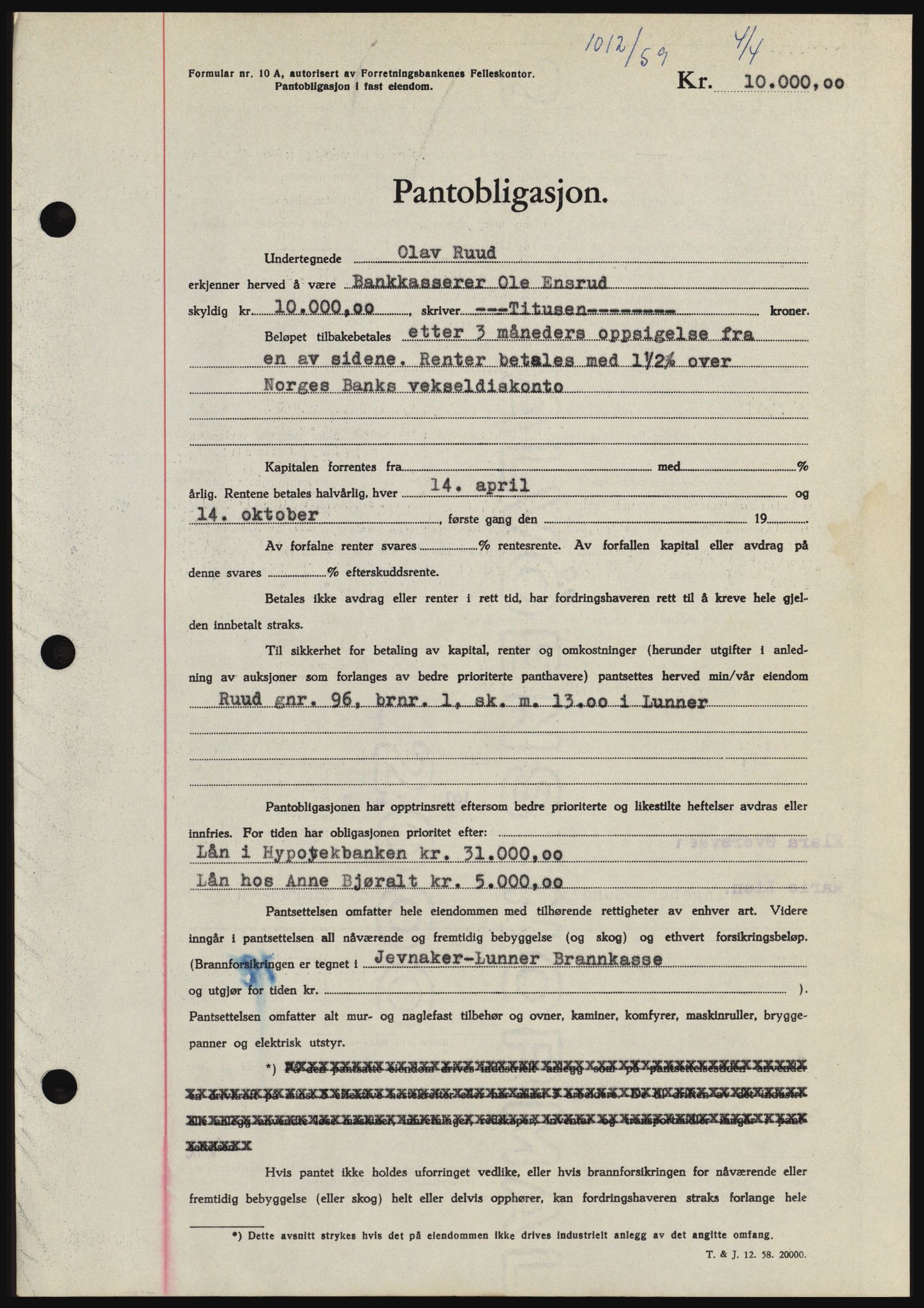 Hadeland og Land tingrett, SAH/TING-010/H/Hb/Hbc/L0040: Pantebok nr. B40, 1959-1959, Dagboknr: 1012/1959