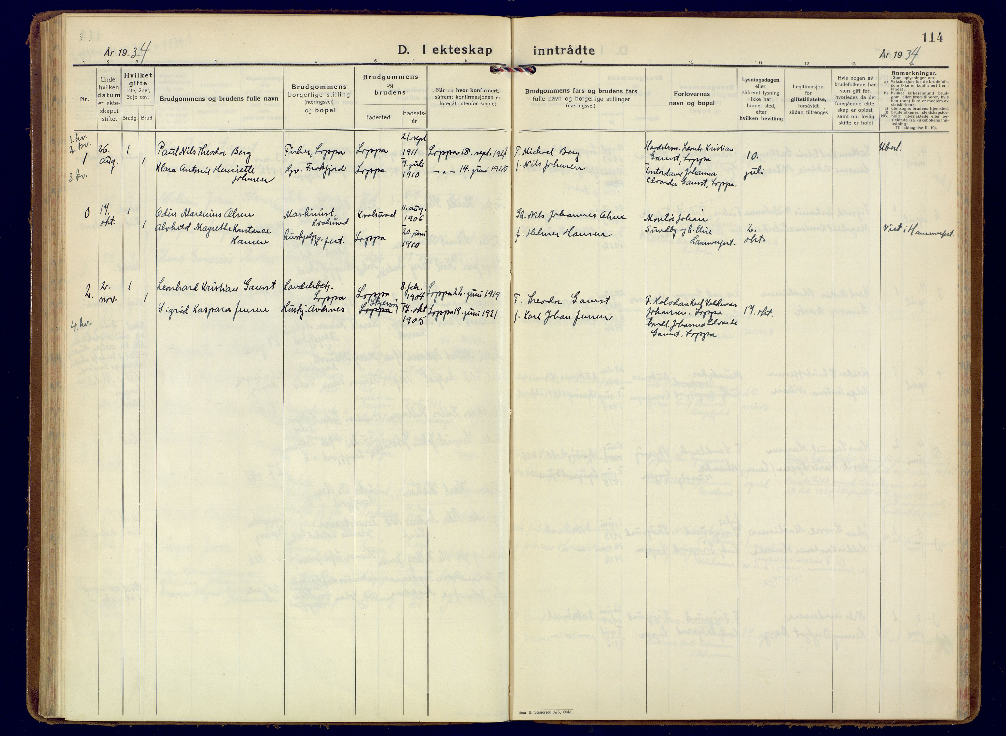 Loppa sokneprestkontor, AV/SATØ-S-1339/H/Ha/L0014kirke: Ministerialbok nr. 14, 1933-1942, s. 114
