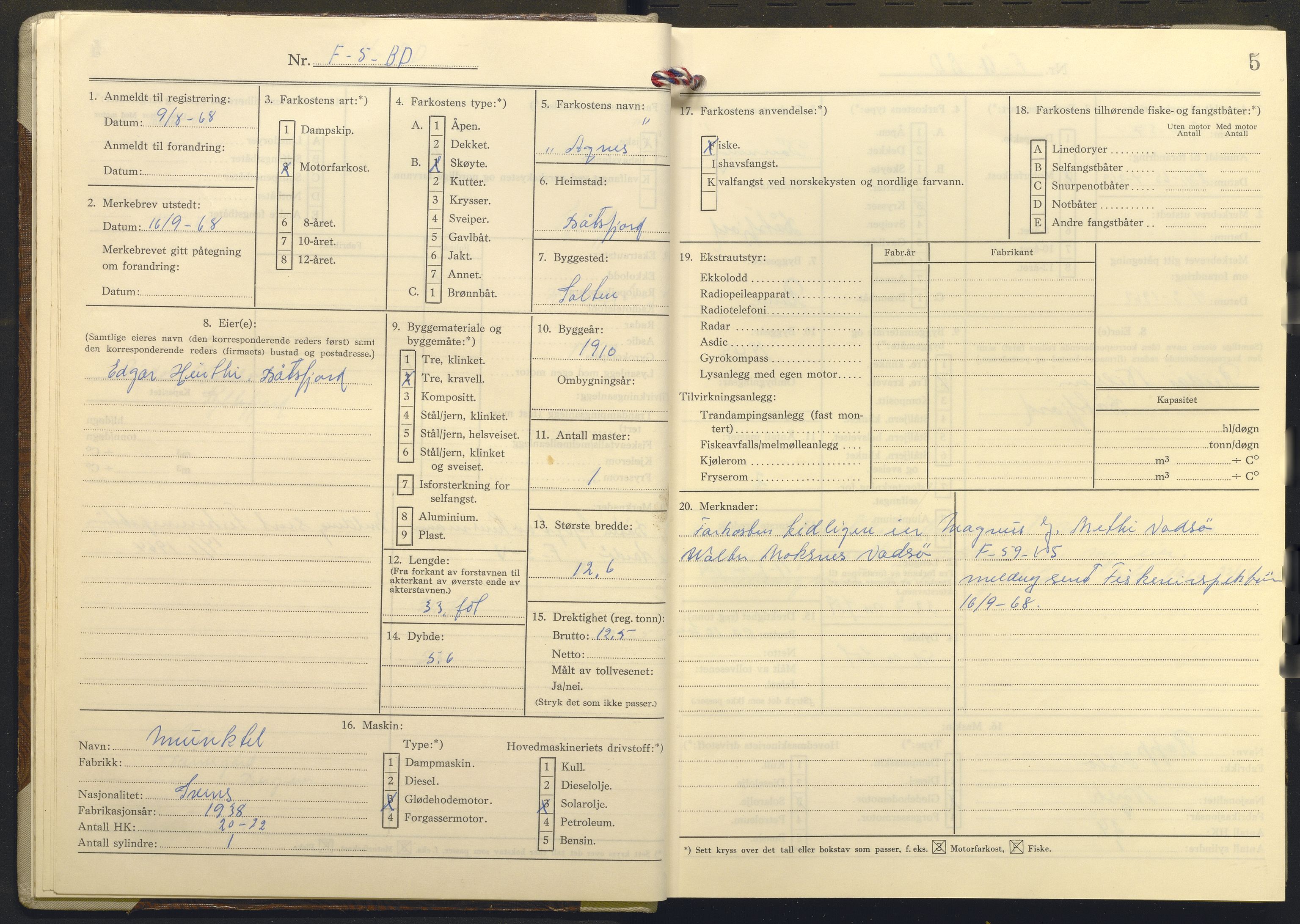 Fiskeridirektoratet - 1 Adm. ledelse - 13 Båtkontoret, AV/SAB-A-2003/I/Ia/Ia.a/L0010: 135.0103/3 Merkeprotokoll - Båtsfjord, 1966-1976