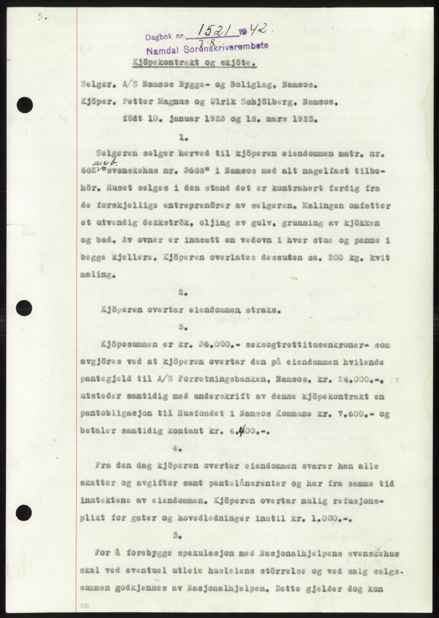 Namdal sorenskriveri, SAT/A-4133/1/2/2C: Pantebok nr. -, 1942-1943, Dagboknr: 1521/1942