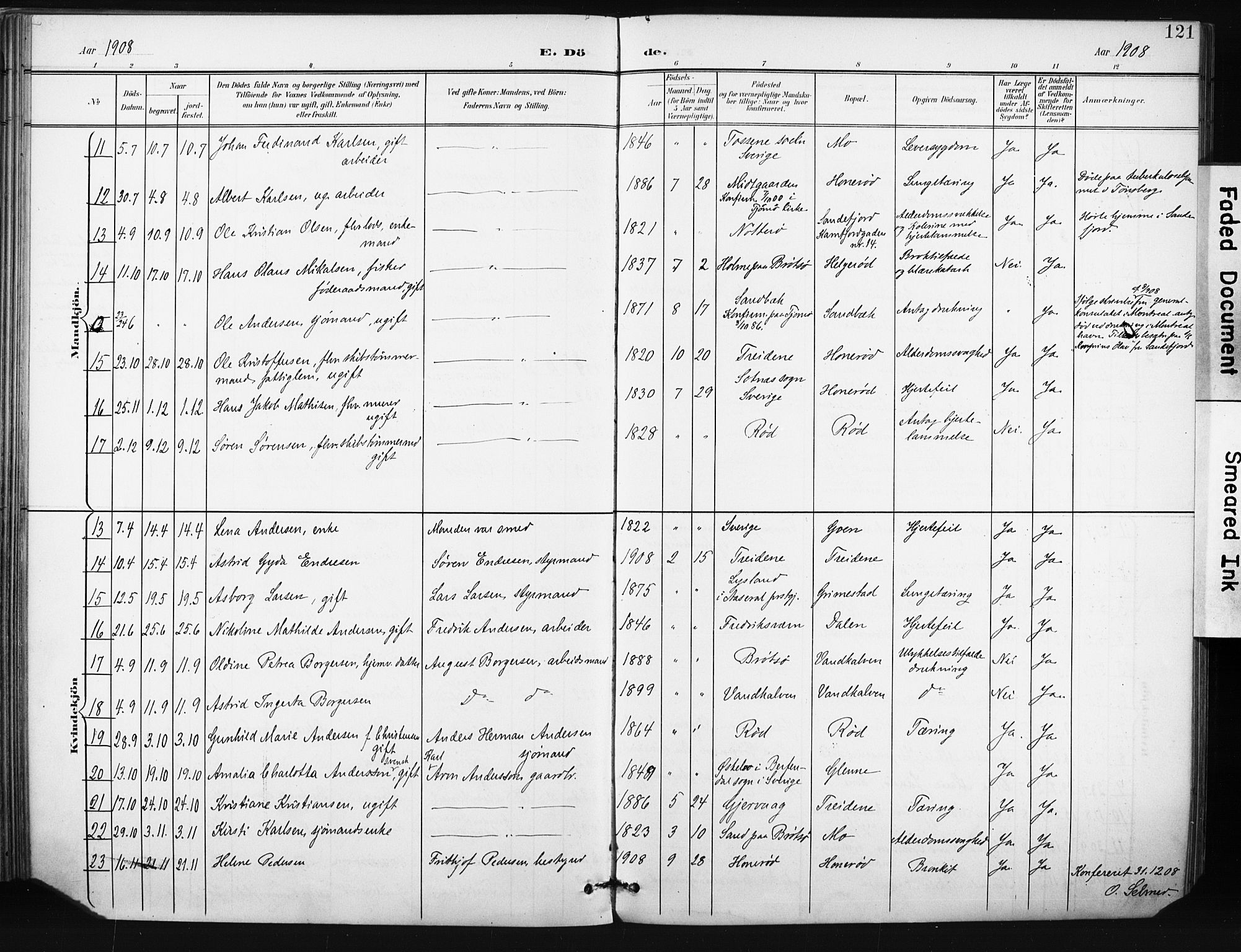 Tjøme kirkebøker, AV/SAKO-A-328/F/Fa/L0005: Ministerialbok nr. I 5, 1901-1909, s. 121