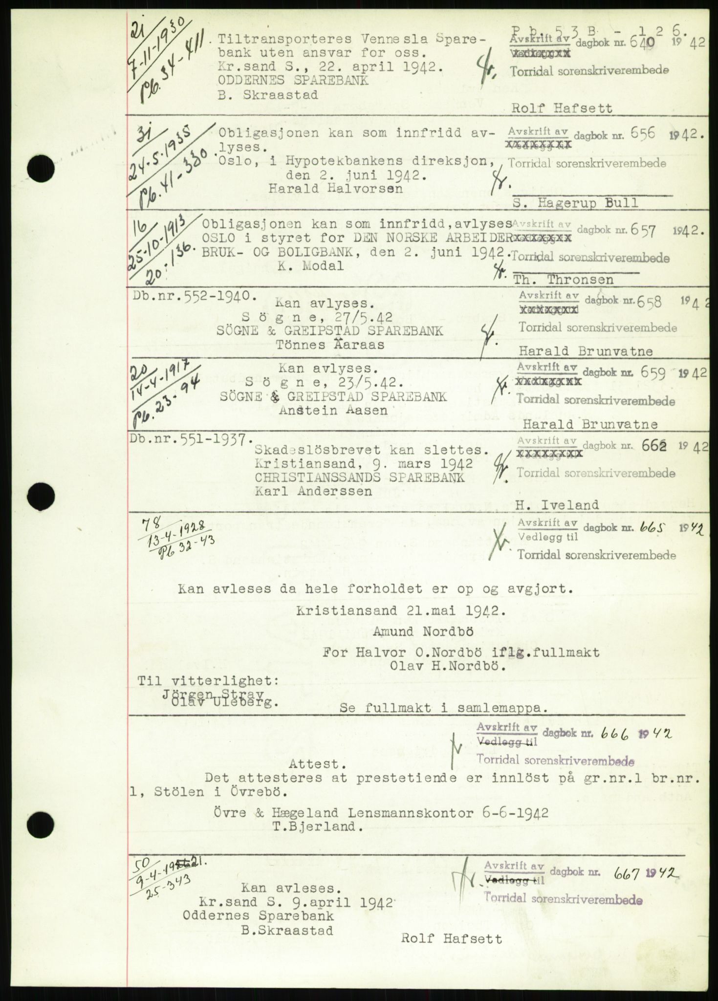 Torridal sorenskriveri, SAK/1221-0012/G/Gb/Gbb/L0009: Pantebok nr. 53b, 1942-1943, Dagboknr: 640/1942