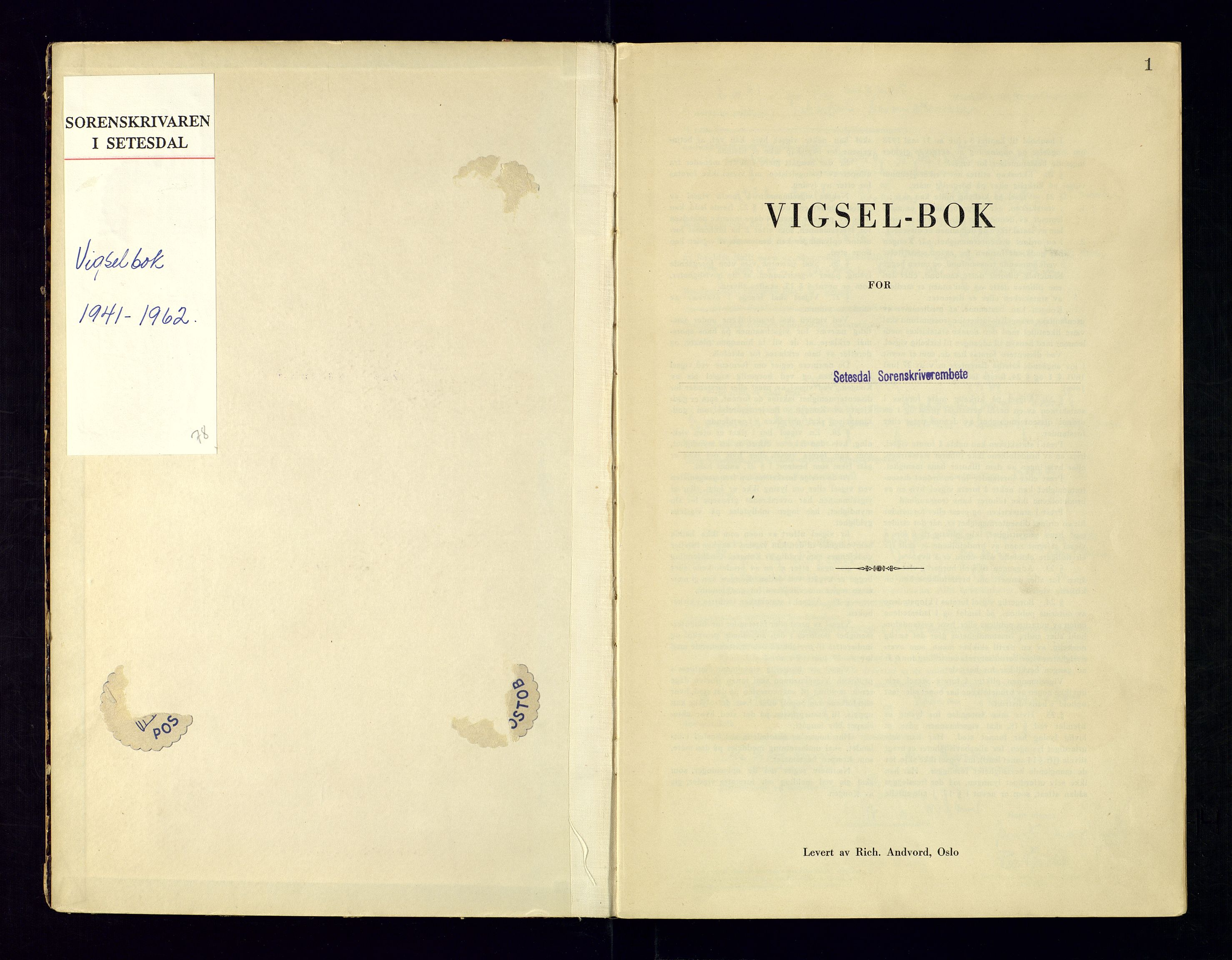 Setesdal  sorenskriveri - 2, AV/SAK-1221-0111/I/Ia/L0001/0002: Lysninger og vigsel / Vigselsbok, 1941-1962, s. 1