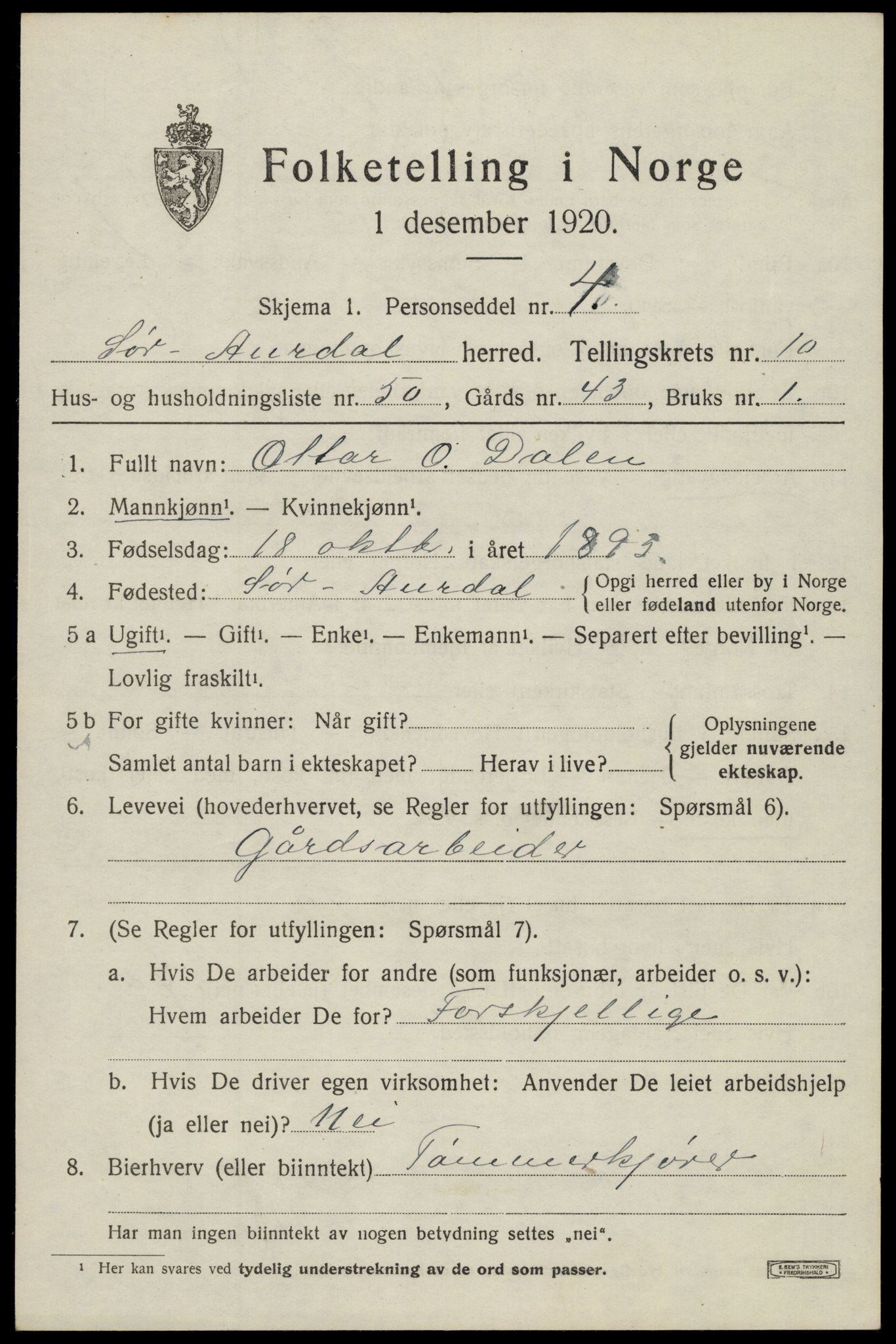 SAH, Folketelling 1920 for 0540 Sør-Aurdal herred, 1920, s. 6263