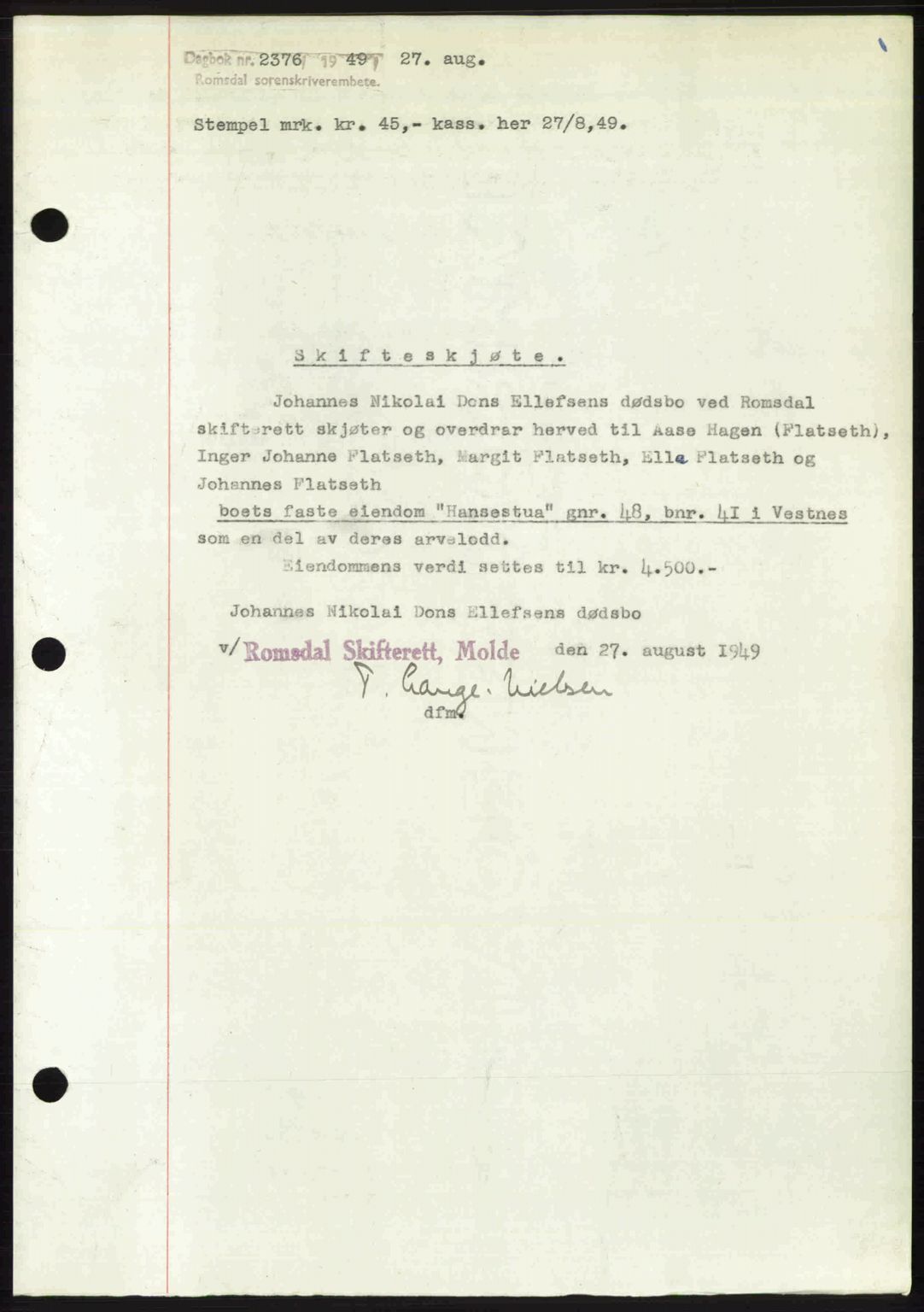 Romsdal sorenskriveri, SAT/A-4149/1/2/2C: Pantebok nr. A30, 1949-1949, Dagboknr: 2376/1949