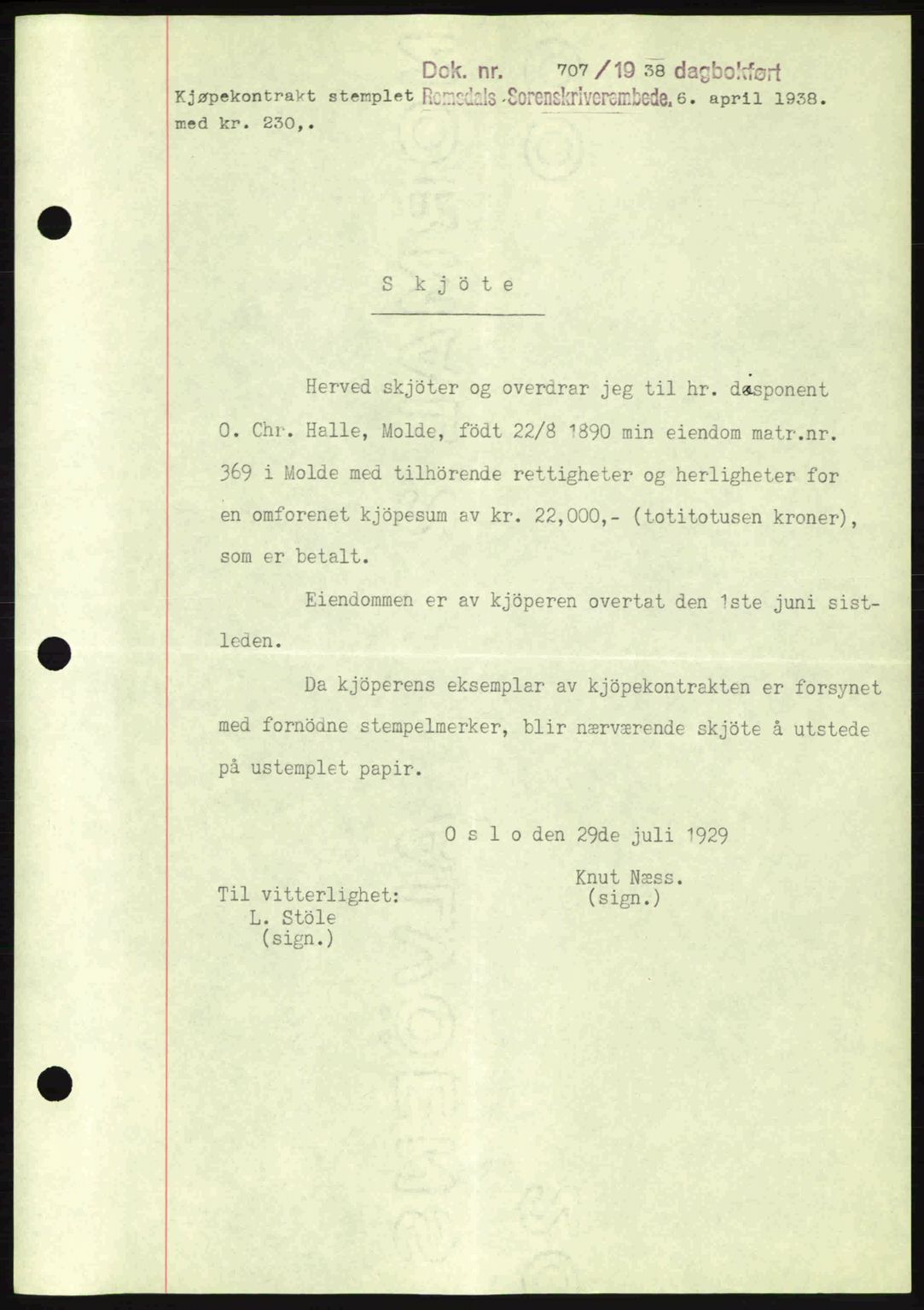 Romsdal sorenskriveri, SAT/A-4149/1/2/2C: Pantebok nr. A4, 1937-1938, Dagboknr: 707/1938